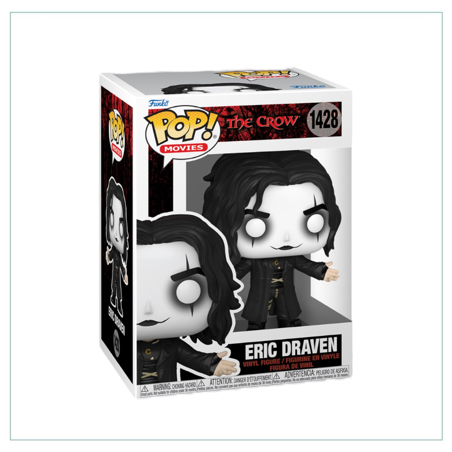 Funko Pop! figure of Eric Draven from The Crow, showcasing his iconic look with dark attire and striking features.