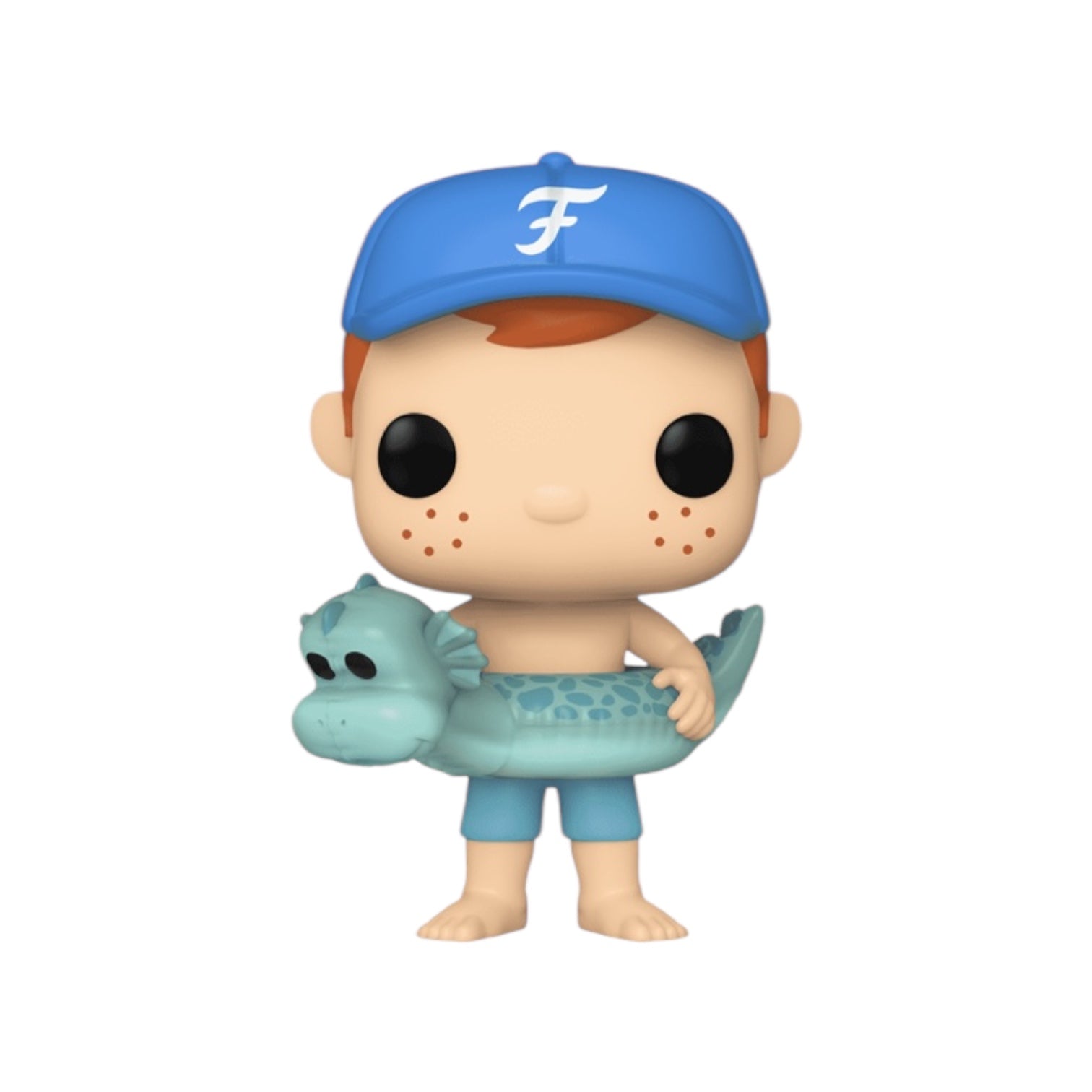 Freddy Funko in a green loch ness monster pool float with a blue funko cap on. 