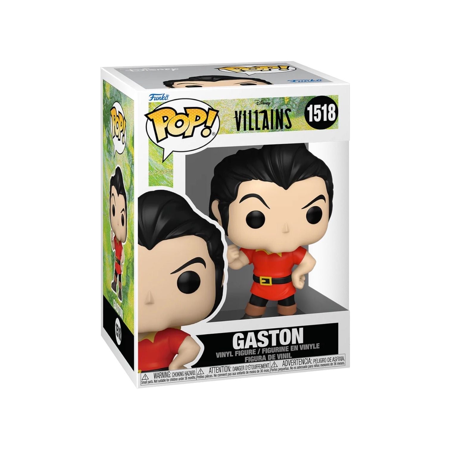 Gaston Funko Pop inside packaging box, Wear a red top with black and gold belt with yellow collars, brown boots and black trousers, posing flexing his right bicep 