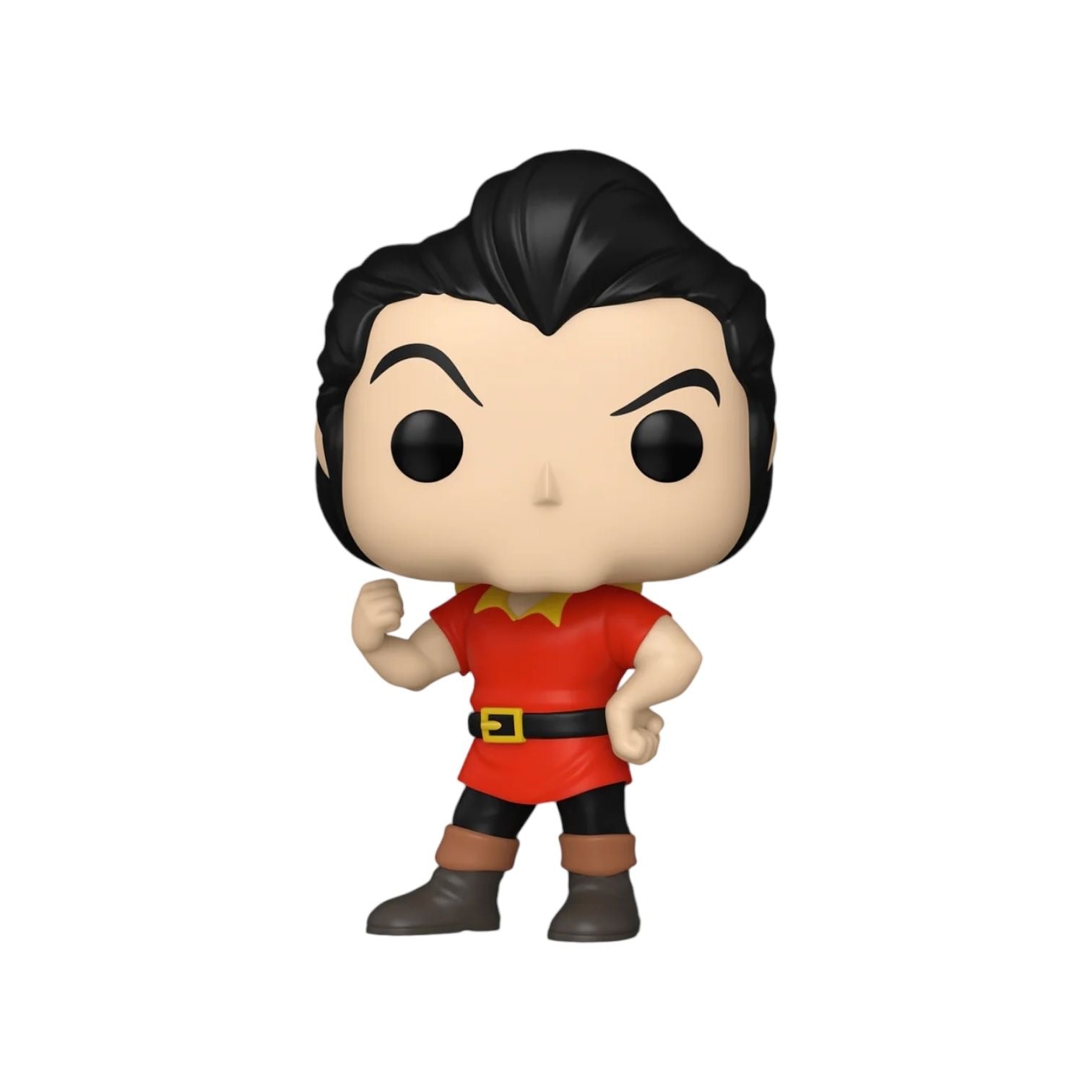 Gaston Funko Pop outside packaging box, Wear a red top with black and gold belt with yellow collars, brown boots and black trousers, posing flexing his right bicep 