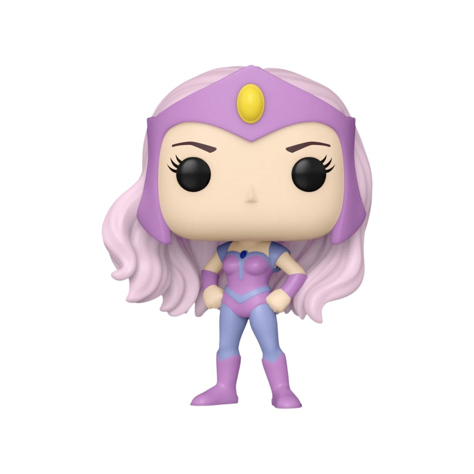 Glimmer in action pose with clenched fist on hips wearing pink and purple hero suit 