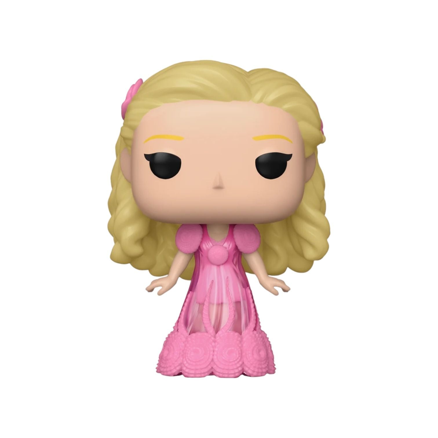 Glinda from Wicked wearing a pink nightgown with a pick flower in her blonde hair 