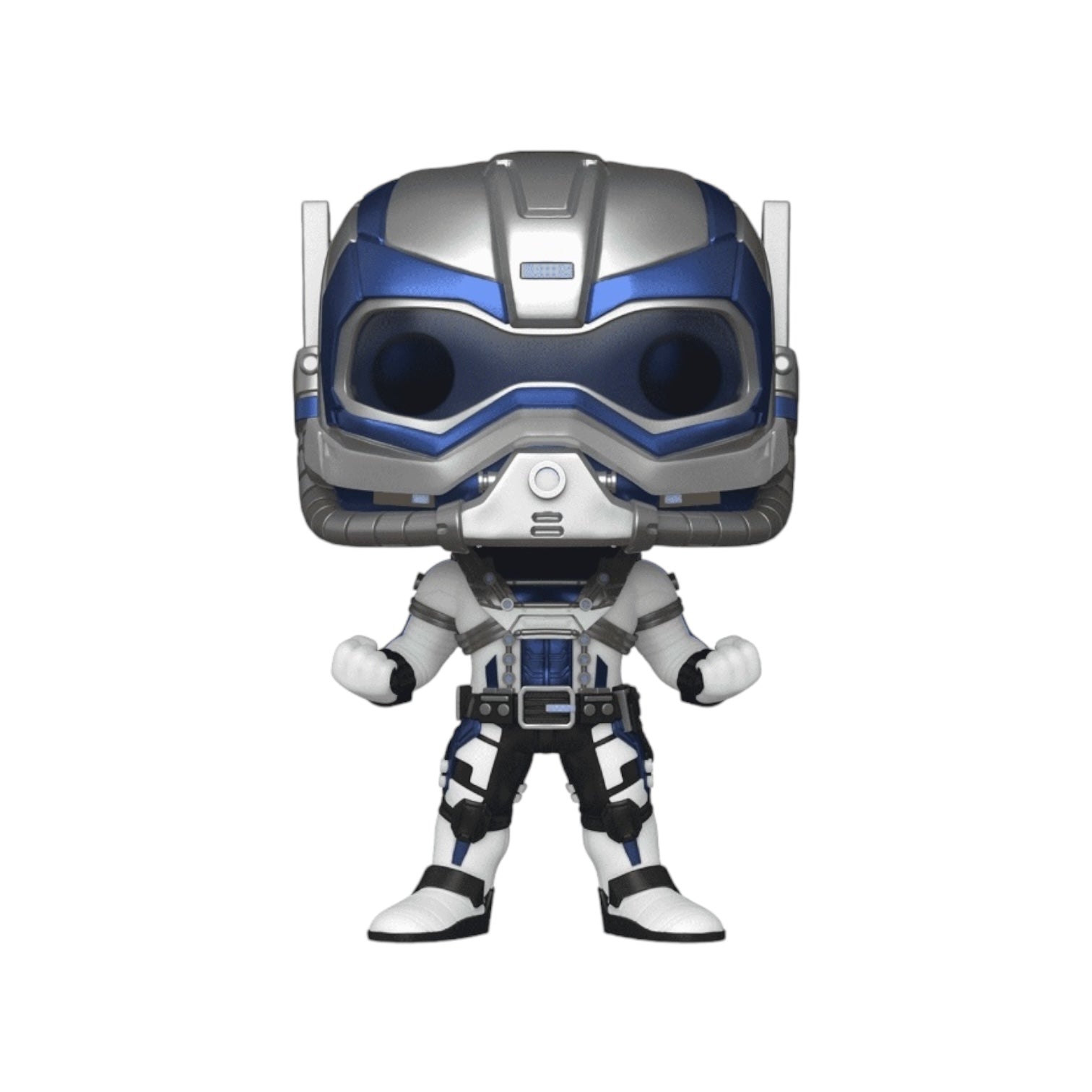 Goliath wearing a silver metal helmet with blue detail 