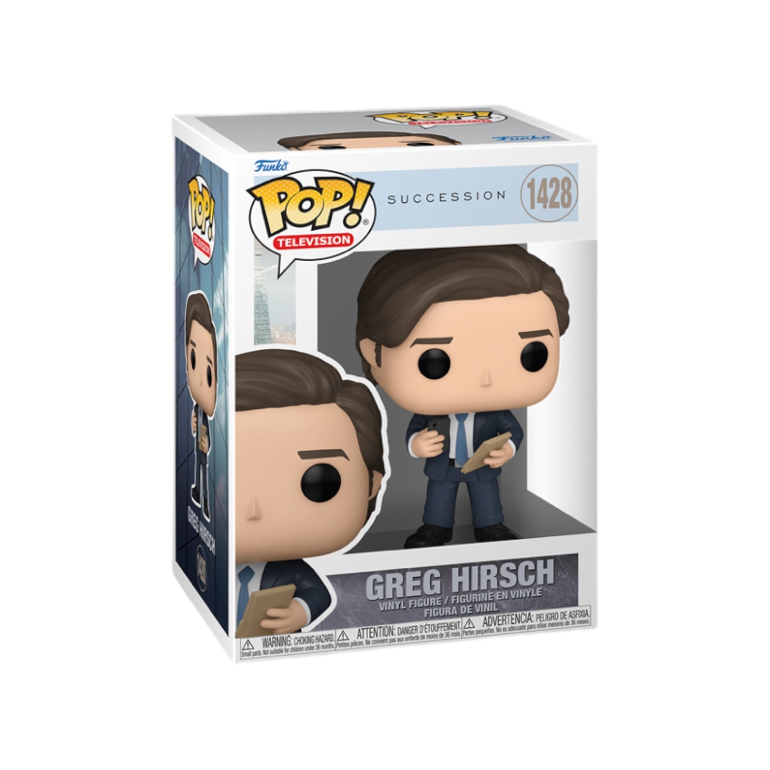 Funko Pop! Greg Hirsch #1428 from Succession, showcasing a quirky character design with distinct features and attire.