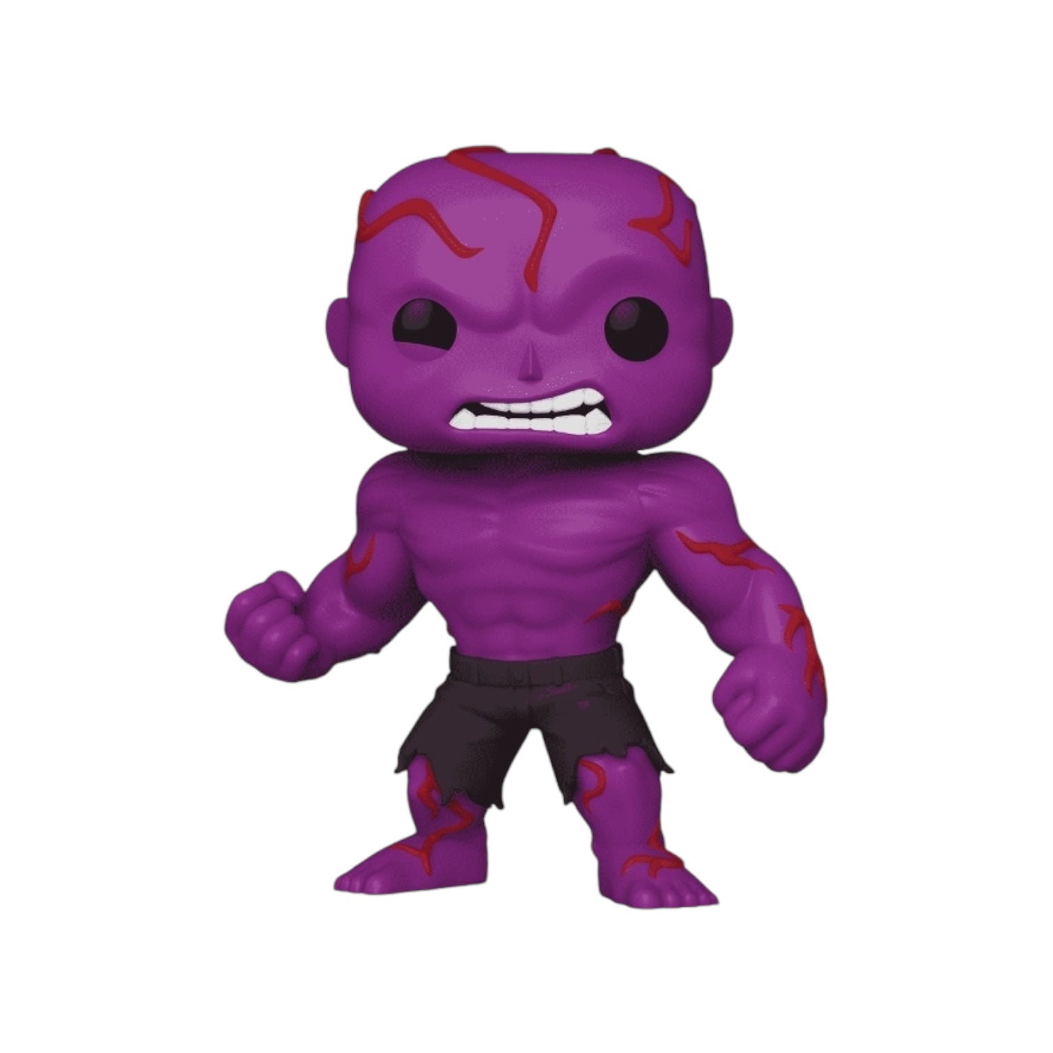 Happy Hogan "The Freak"displaying white gritted teeth, with bulging red veins on his head arms and legs on his Purple bodying wearing black ripped jeans, out of his external packaging 