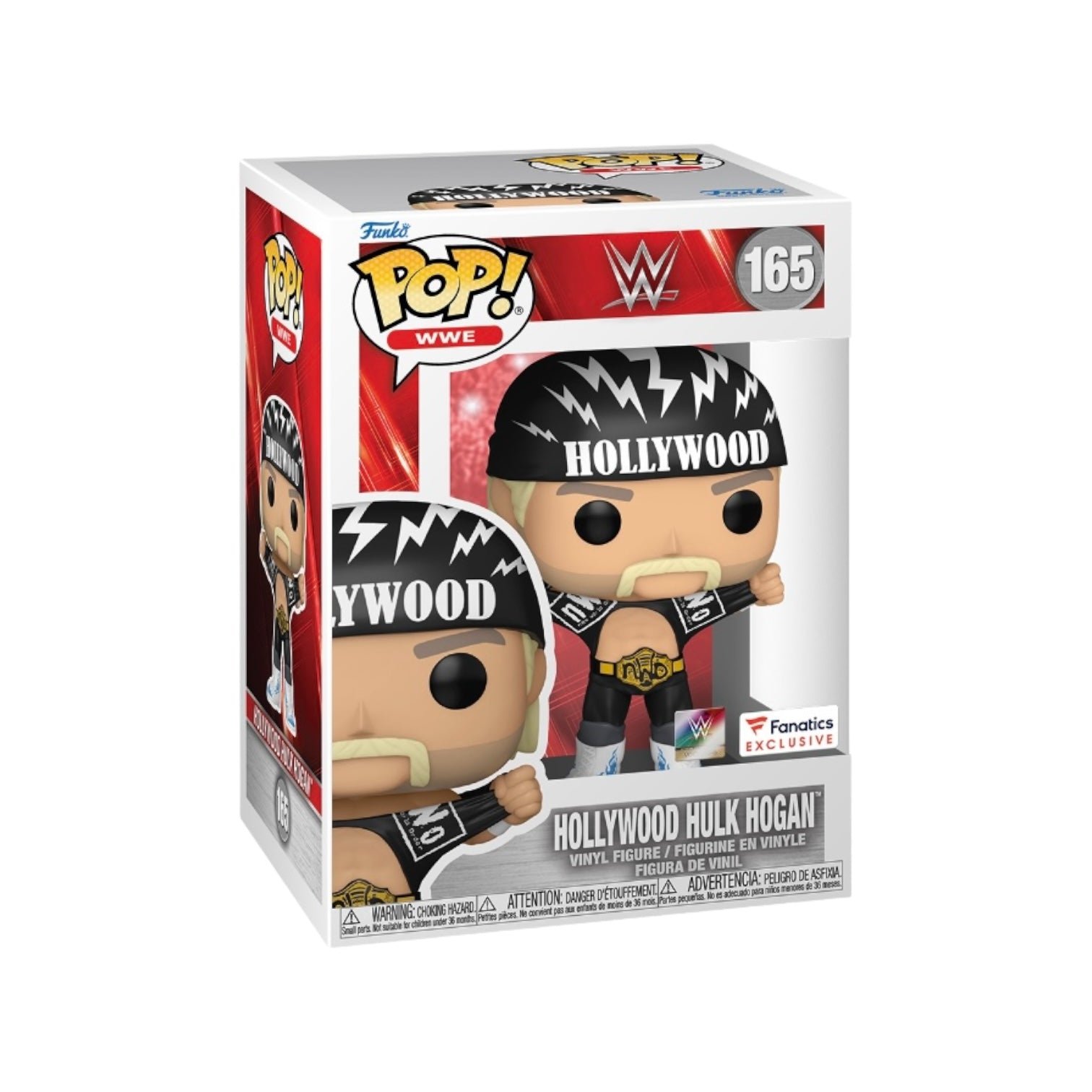 Funko Pop! figure of Hollywood Hulk Hogan #165, a WWE Fanatics Exclusive, showcasing the iconic wrestler in vibrant detail.