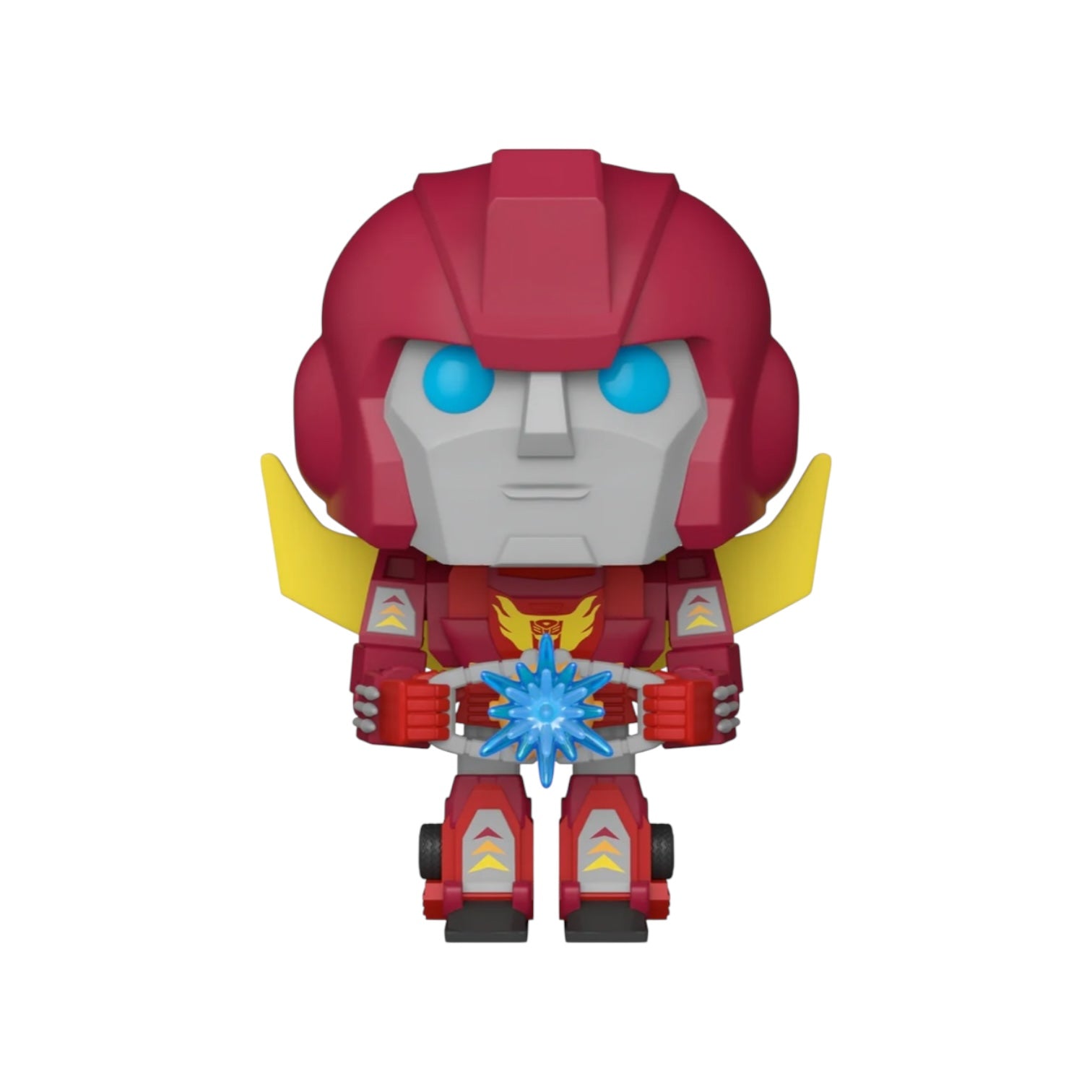 Hot Rod transformer in robotic form red and silver in colour with sky blue eyes holding matrix 