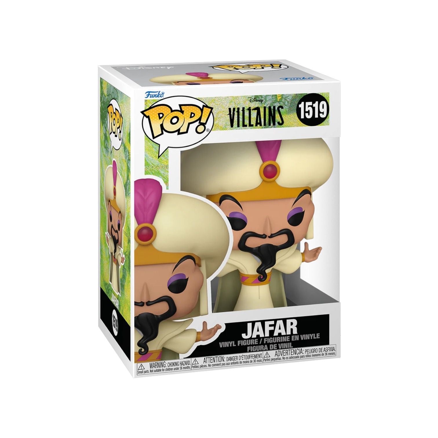 Jafar Funko pop wearing cream robe that reaches the ground over top a cream garment with bell sleeves, that reach his wrists, with a cream hat with pink and gold details inside his outer box 