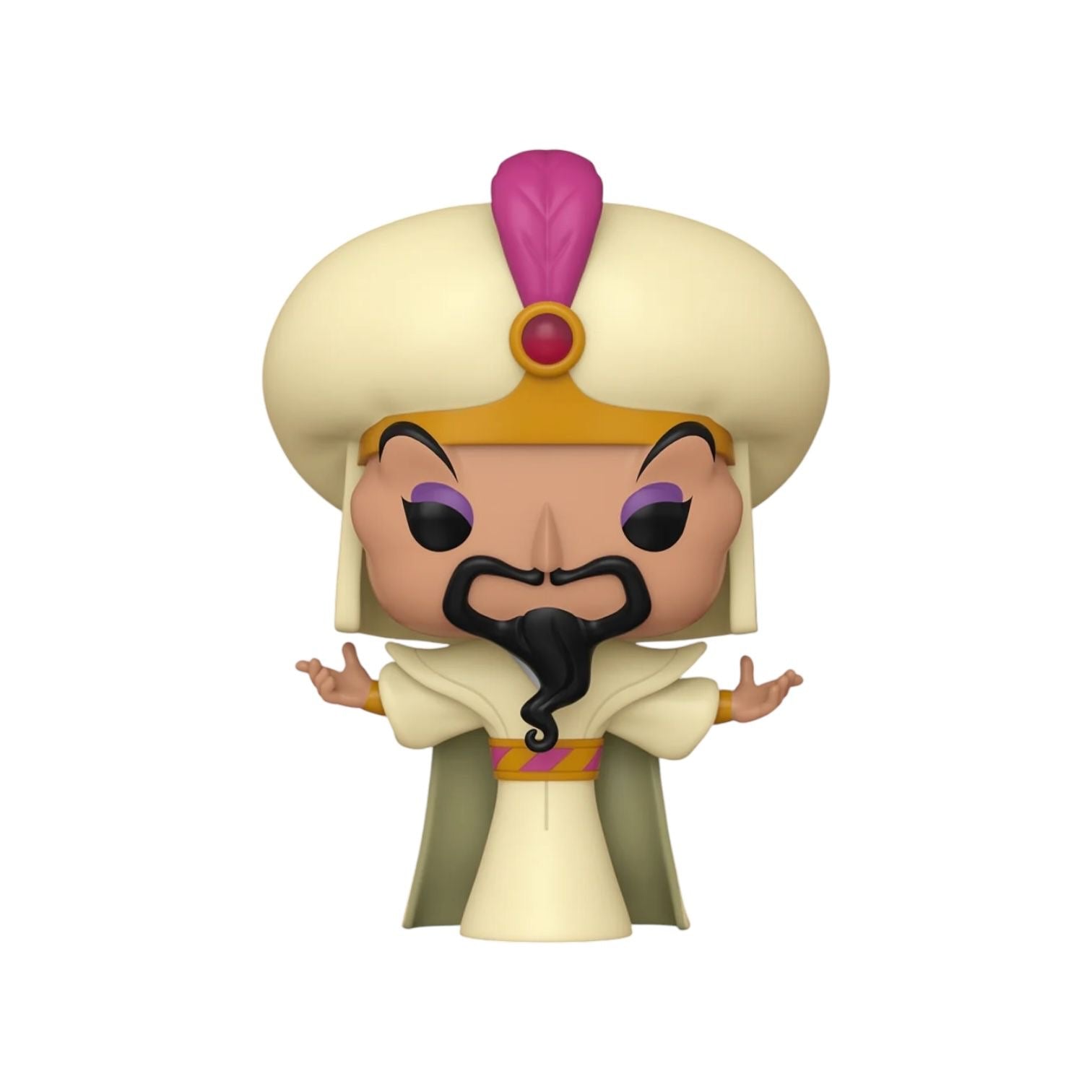 Jafar Funko pop wearing cream robe that reaches the ground over top a cream garment with bell sleeves, that reach his wrists, with a cream hat with pink and gold details, Out of his box 