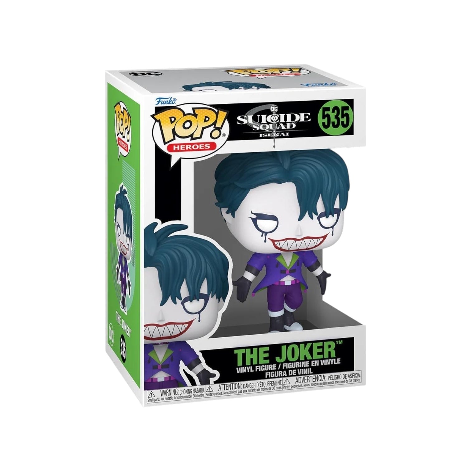 The Joker wearing a purple outfit blue hair and a wide green with bright red lips 