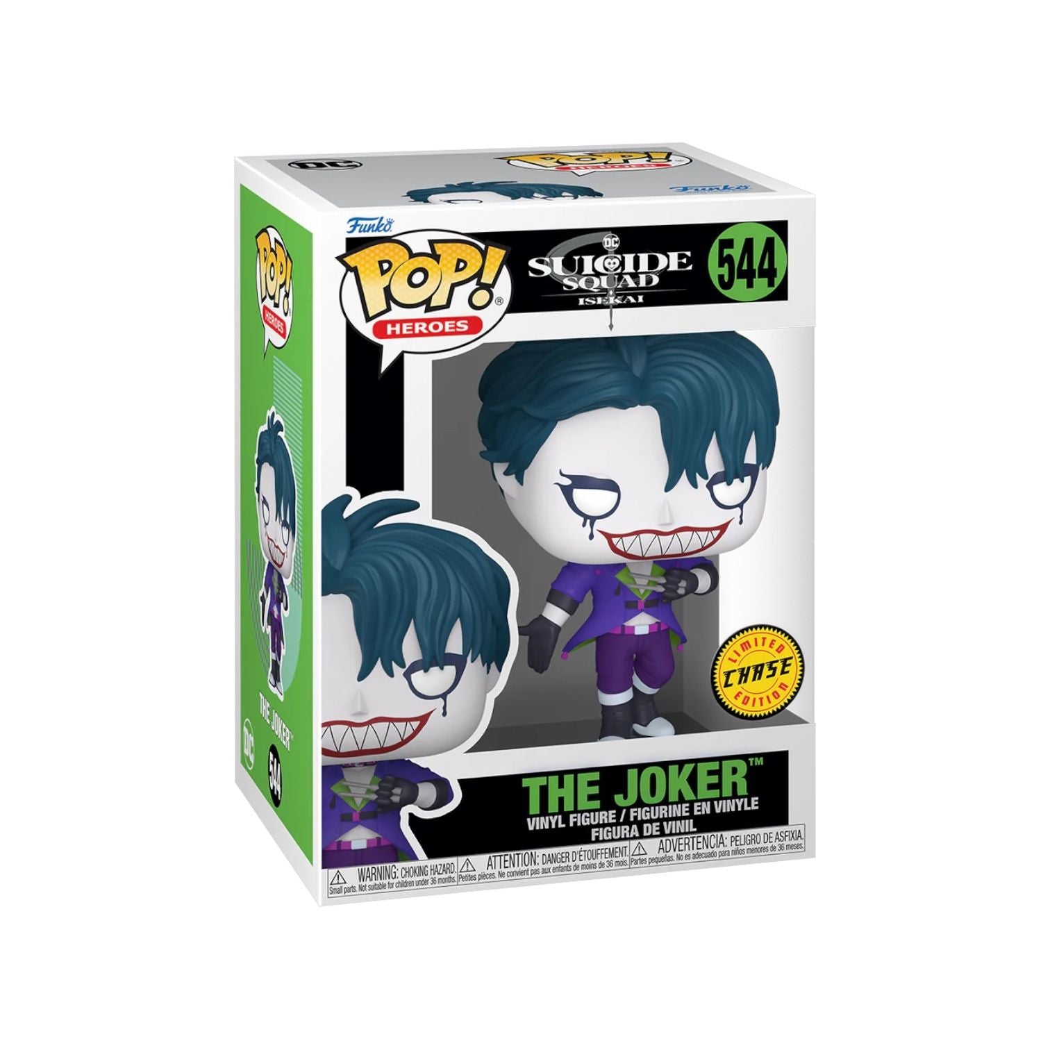 The Joker wearing a purple outfit blue hair and a wide green with bright red lips, chase variant 