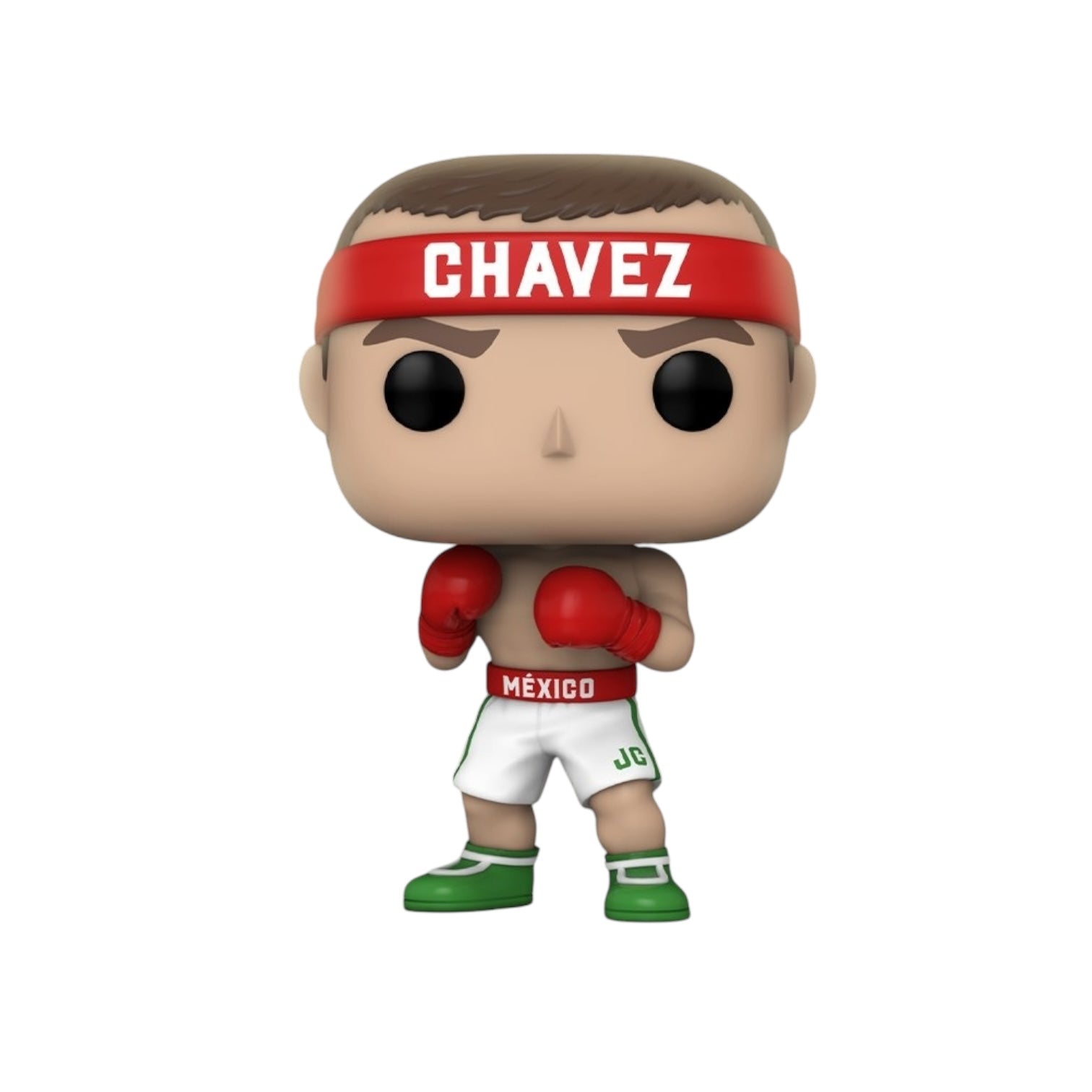 Boxer with white shorts, green trainers and a red sweatband. 