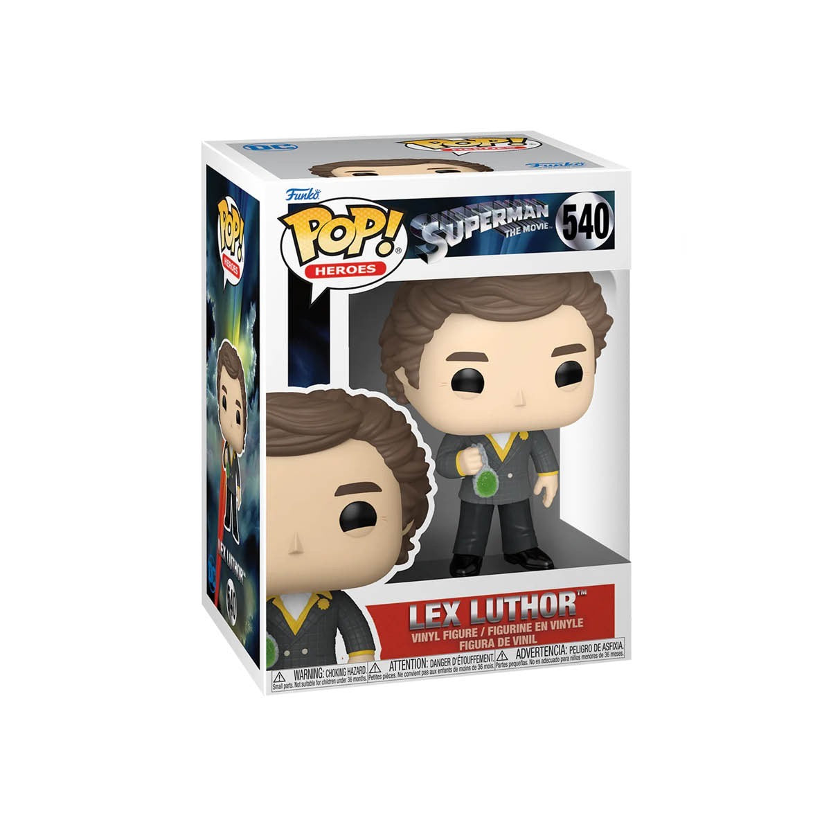 Lex luther funko pop wearing grey trousers and grey jacket with yellow details 