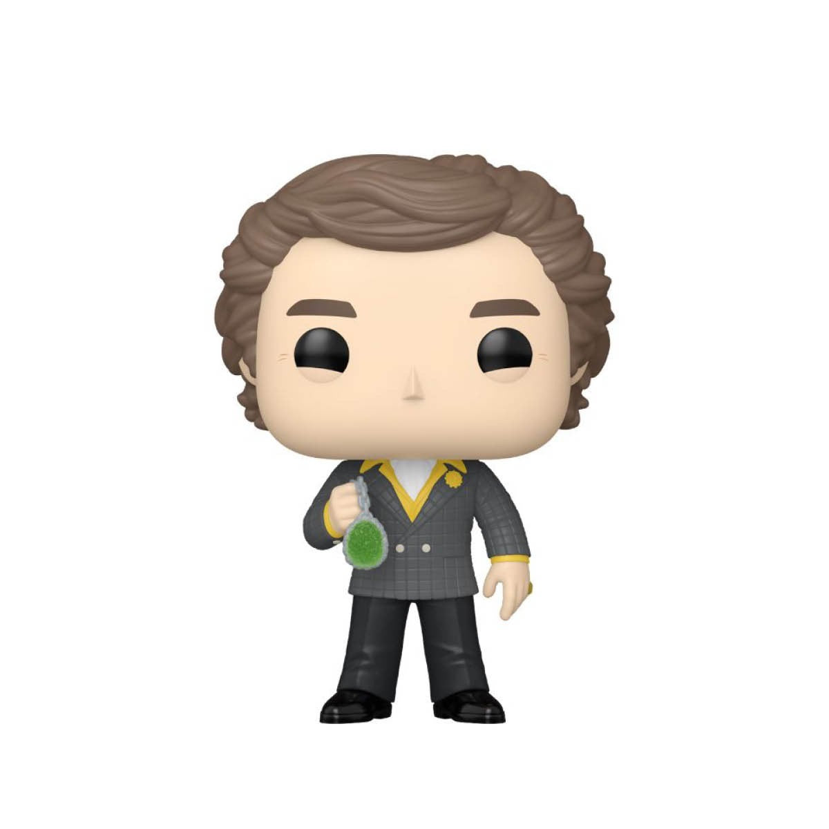 Lex luther funko pop wearing grey trousers and grey jacket with yellow details 