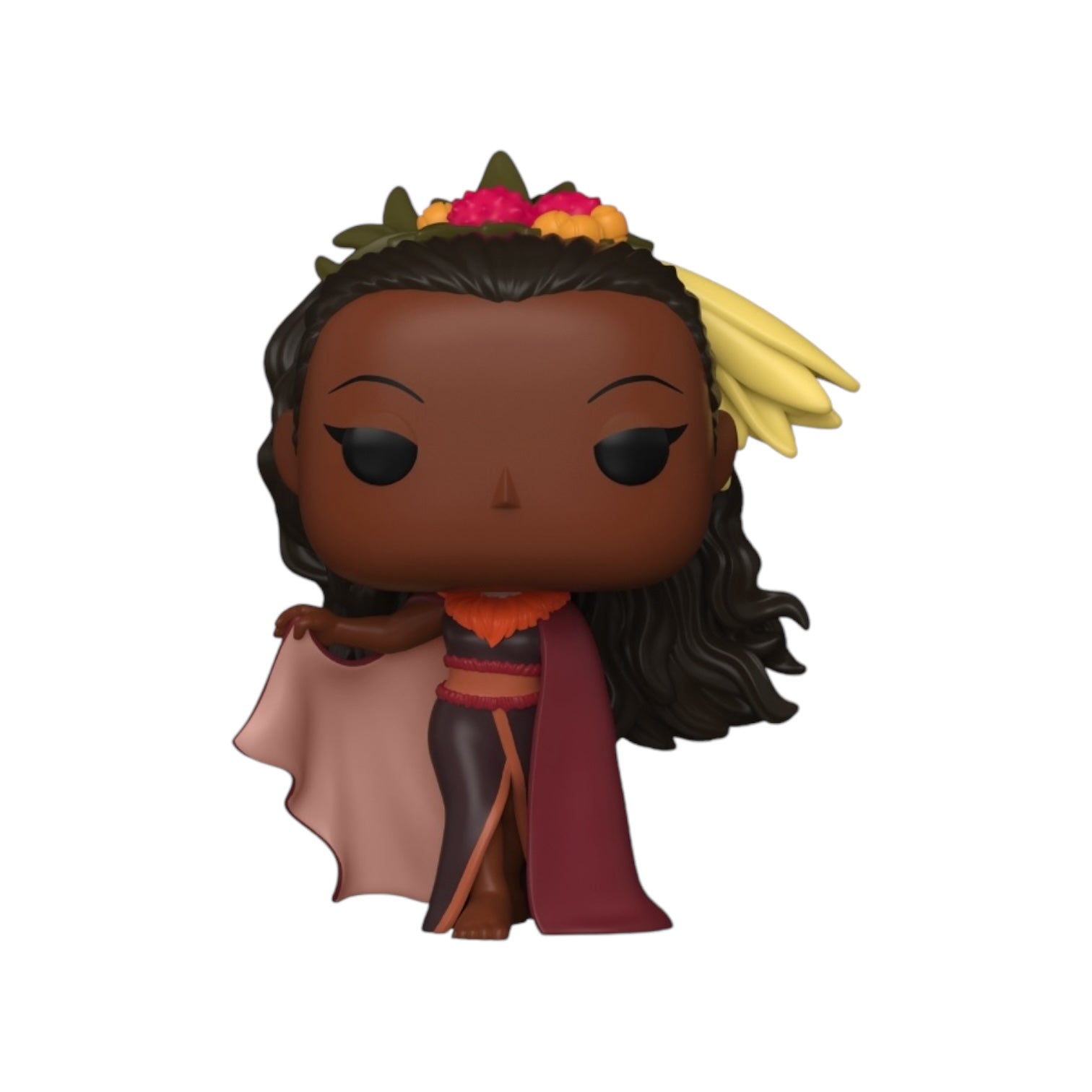 Villain from Moana 2 with red clock and Multi coloured flowers in hair 