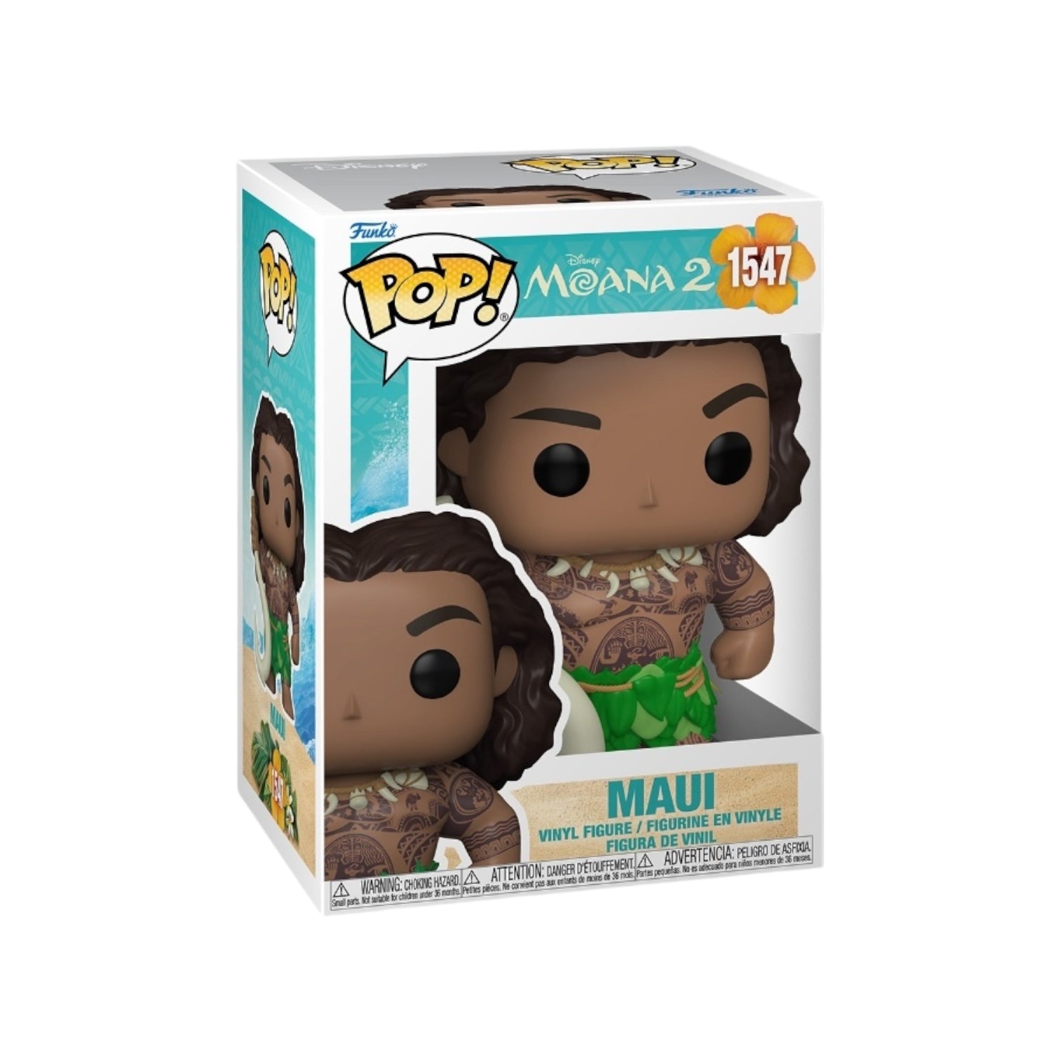 Maui from Moana wearing a green leaf skirt holding his powerful hook 