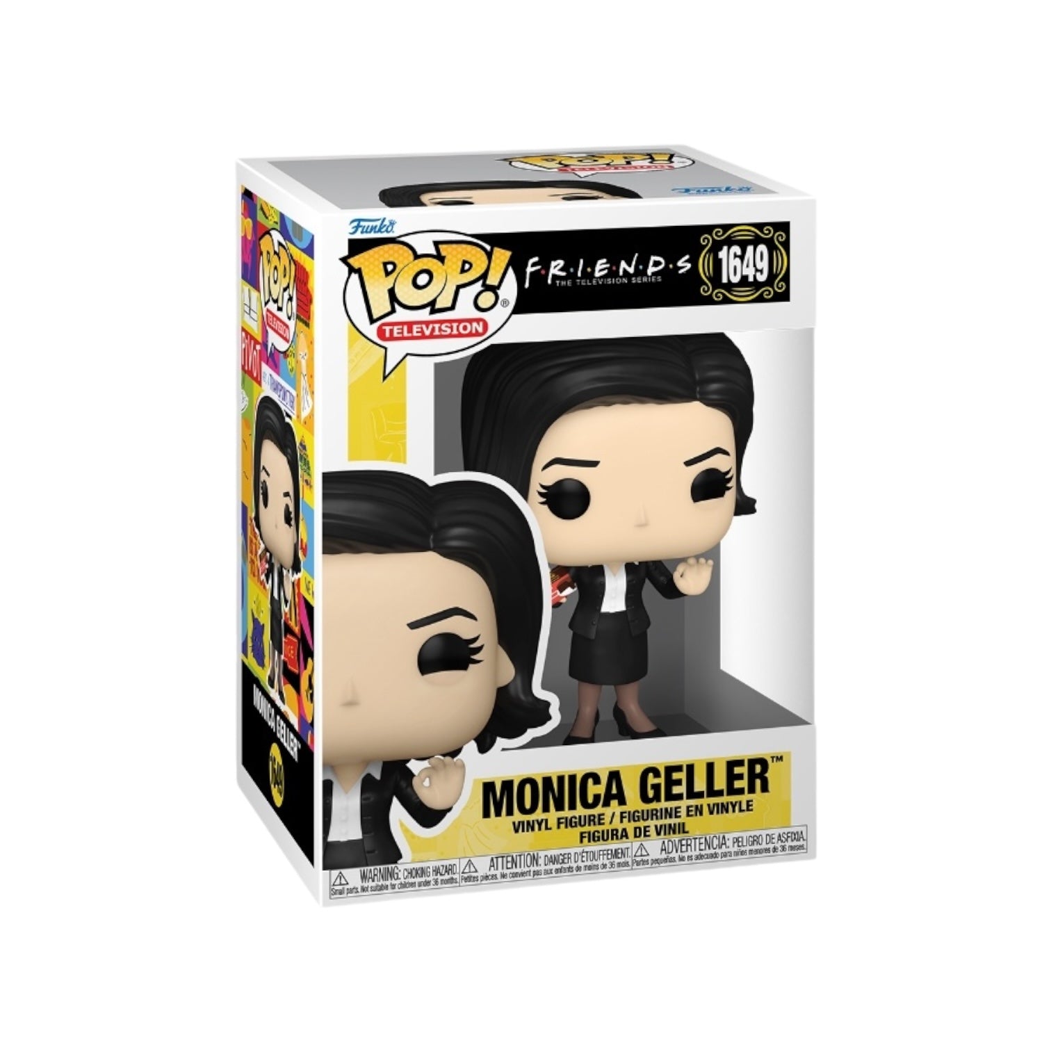 Monica Geller Funko Pop wearing a Black Skirt suit with a white blouse holding a mockolate in her right hand . Displayed in her External packaging 