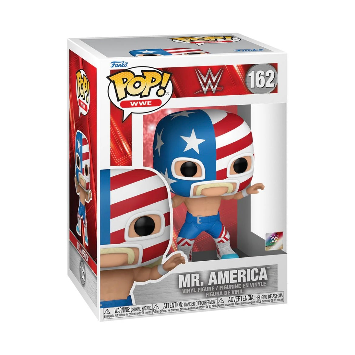 Mr. America #162 Funko Pop! figure, showcasing the WWE character in vibrant colors and distinctive wrestling gear.