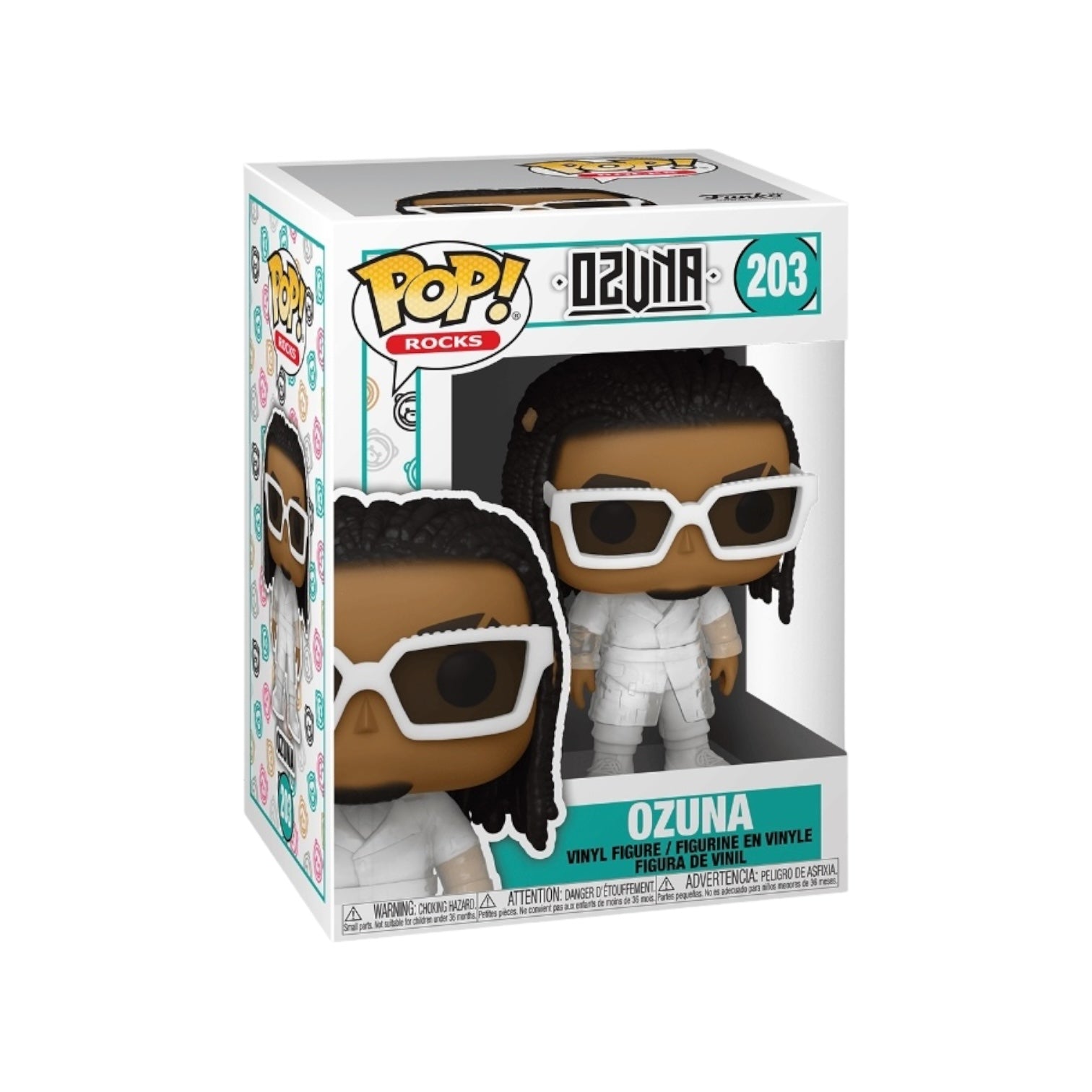 Ozuna #203 Funko Pop! collectible, showcasing the popular artist in a dynamic stance with bright colors and intricate details.