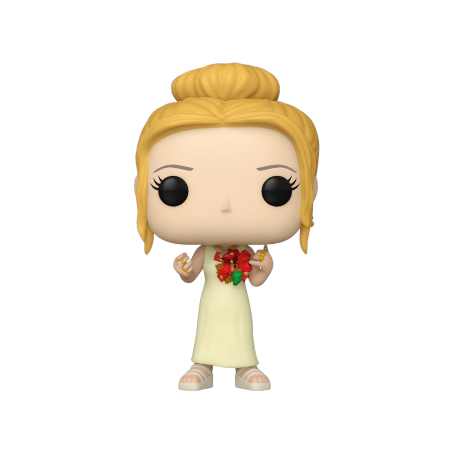 Phoebe Funko pop Wearing a Long yellow dress, with a large red Christmas bow on the left handsome of her chest, Displayed out of the external packaging 