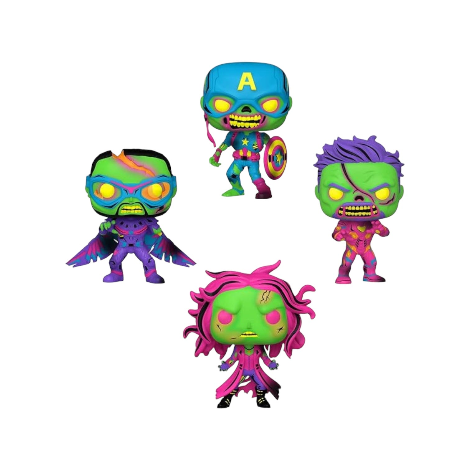 Zombie Captain America / Zombie Iron Man / Zombie Falcon / Zombie Scarlet Witch (Black Light) 4 Pack Funko Pop! - What If...? - Special Edition