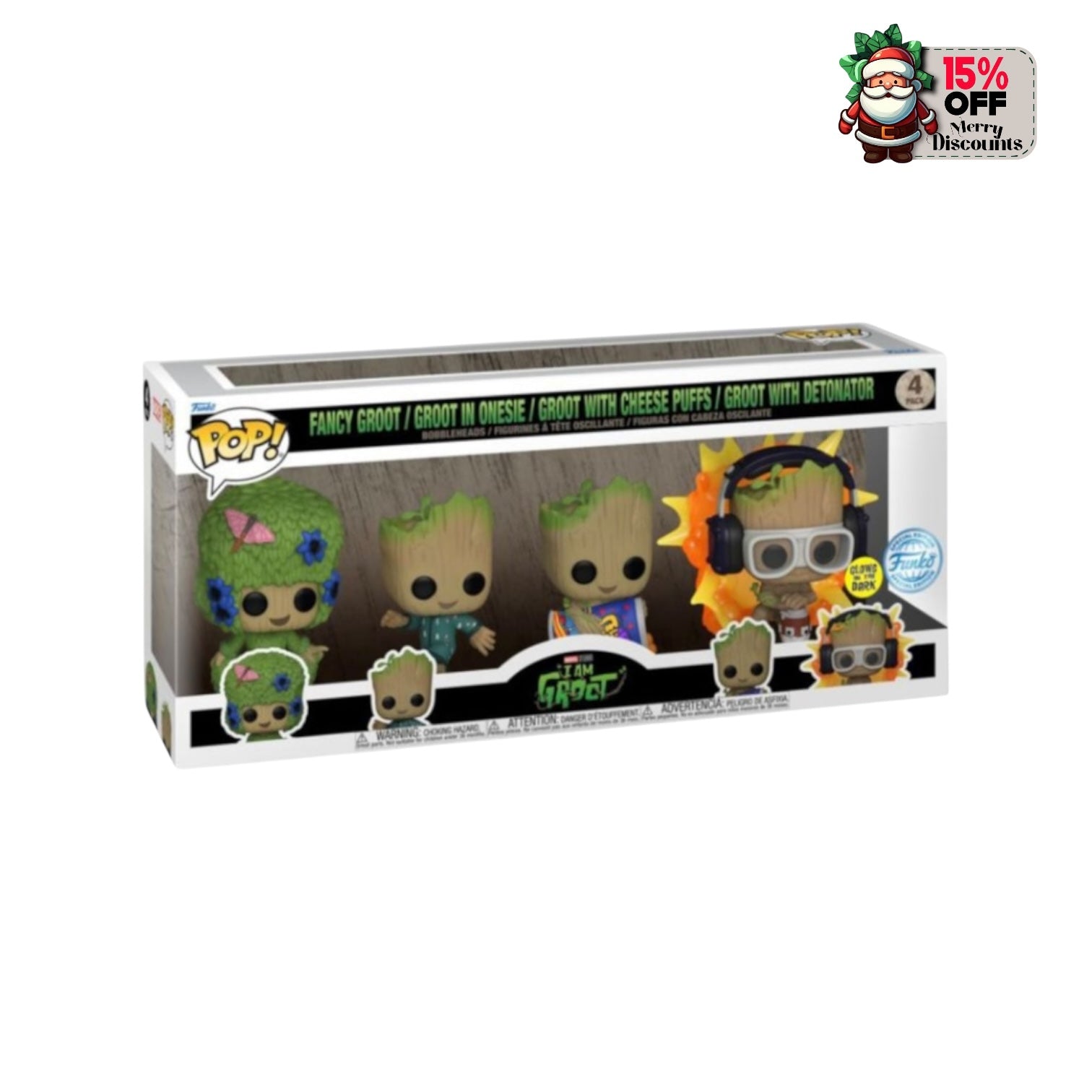 Fancy Groot / Groot in Onesie / Groot with Cheese Puffs / Groot with Detonator (Glows in the Dark) 4 Pack Funko Pop! - I Am Groot - Special Edition