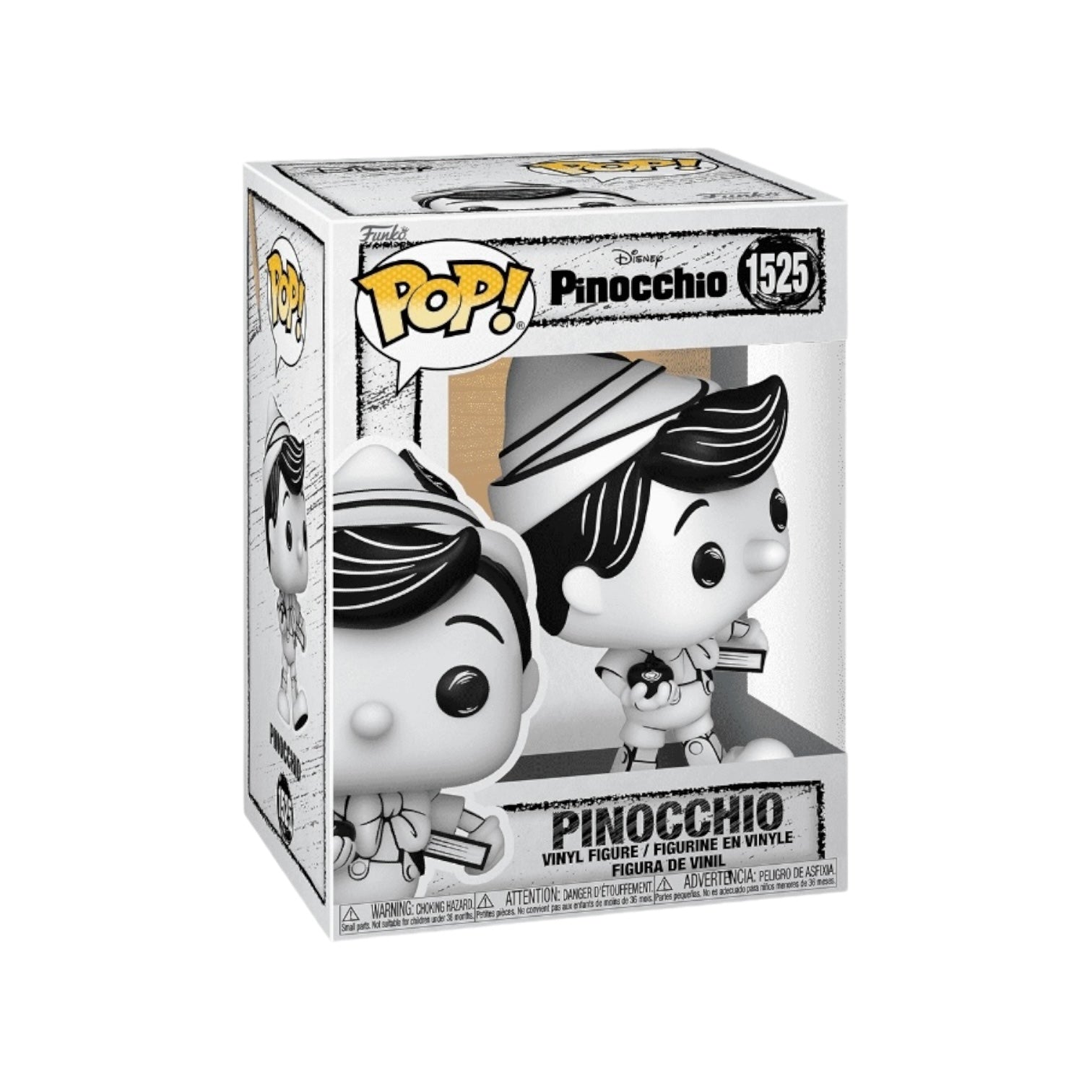 A Sketched black and version of the famous Disney character Pinocchio in a funko pop