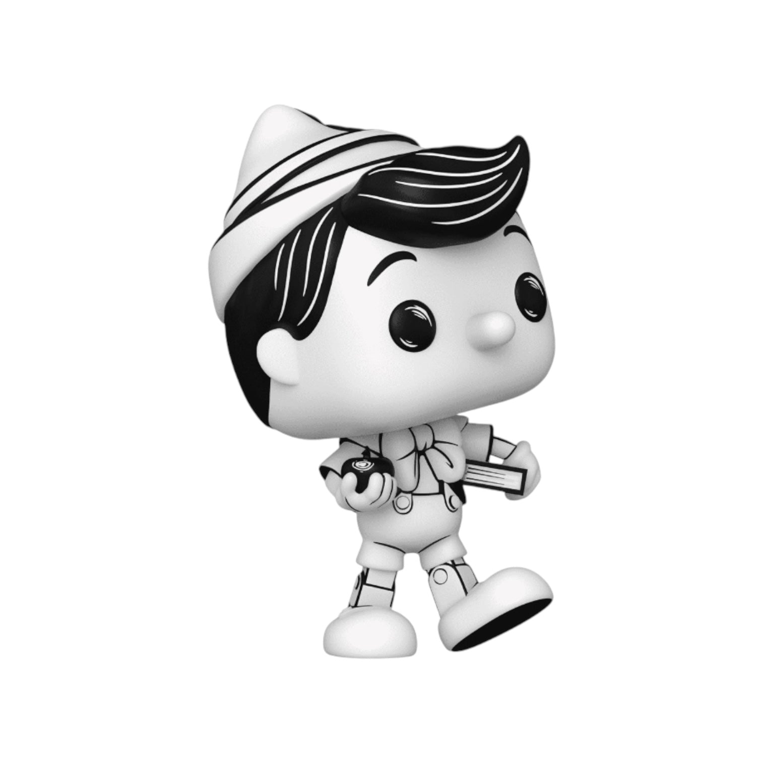 A Sketched black and version of the famous Disney character Pinocchio in a funko pop