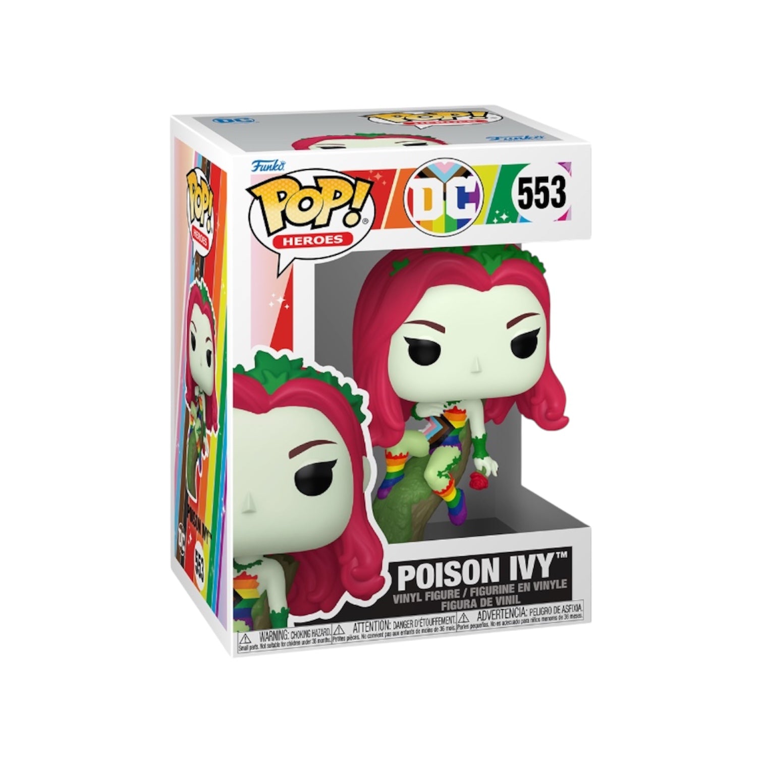 Poison Ivy, red headed poison ivy sitting on a tree trunk holding a rose wearing a multi coloured outift 