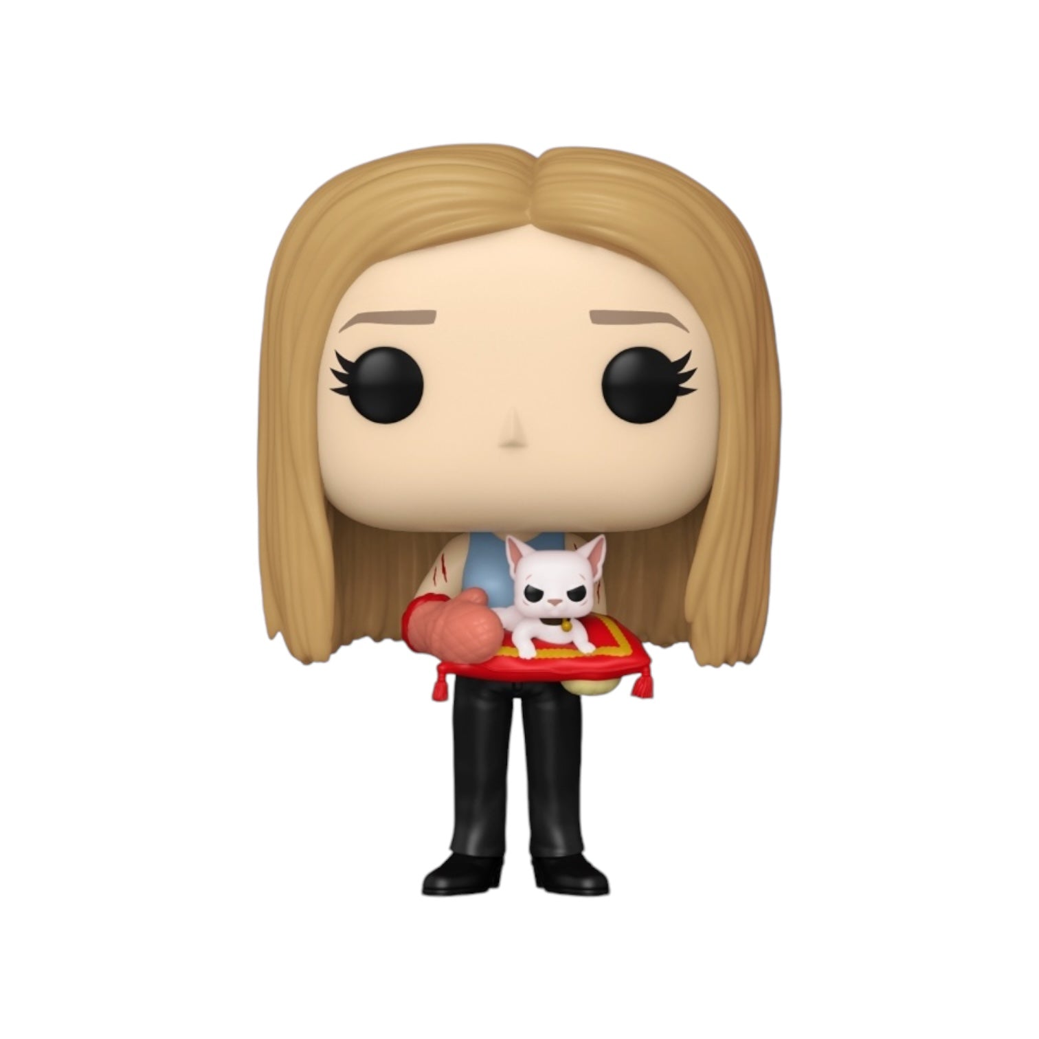 Rachel Green Funko pop, wearing black pants with a blue top with 2 bleeding scratches on the top of her right arm, holding a cat on a cushion wearing oven gloves. Displayed with no external packaging 