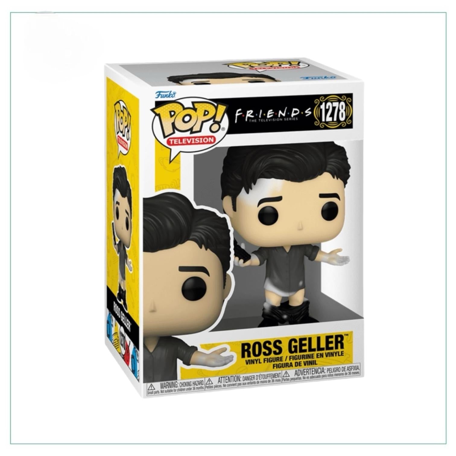 Funko Pop! figure of Ross Geller from Friends, wearing a blue shirt and khaki pants, with a playful expression.