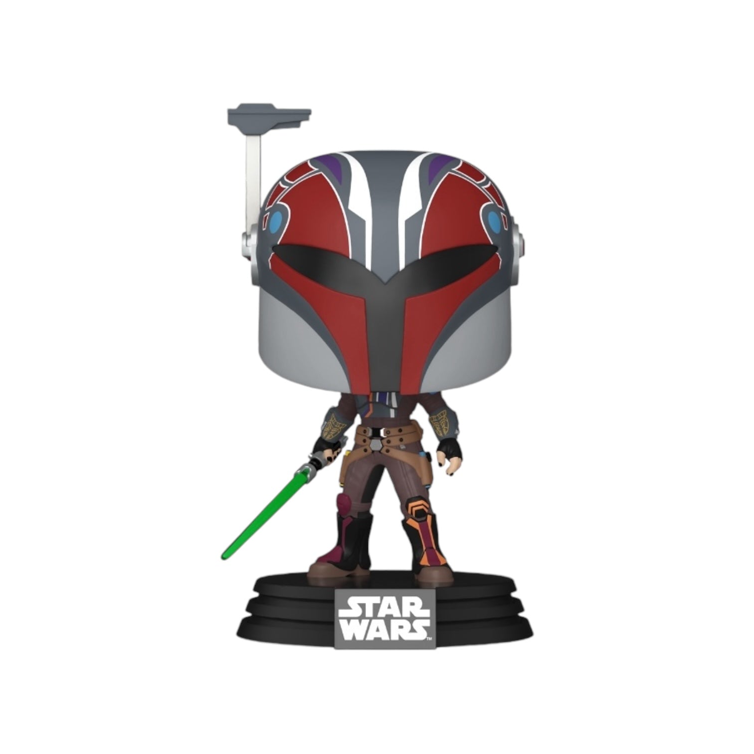 Sabine Wren, wearing grey red and white helmet,
holding a green saber in his right hand , out of his external packaging