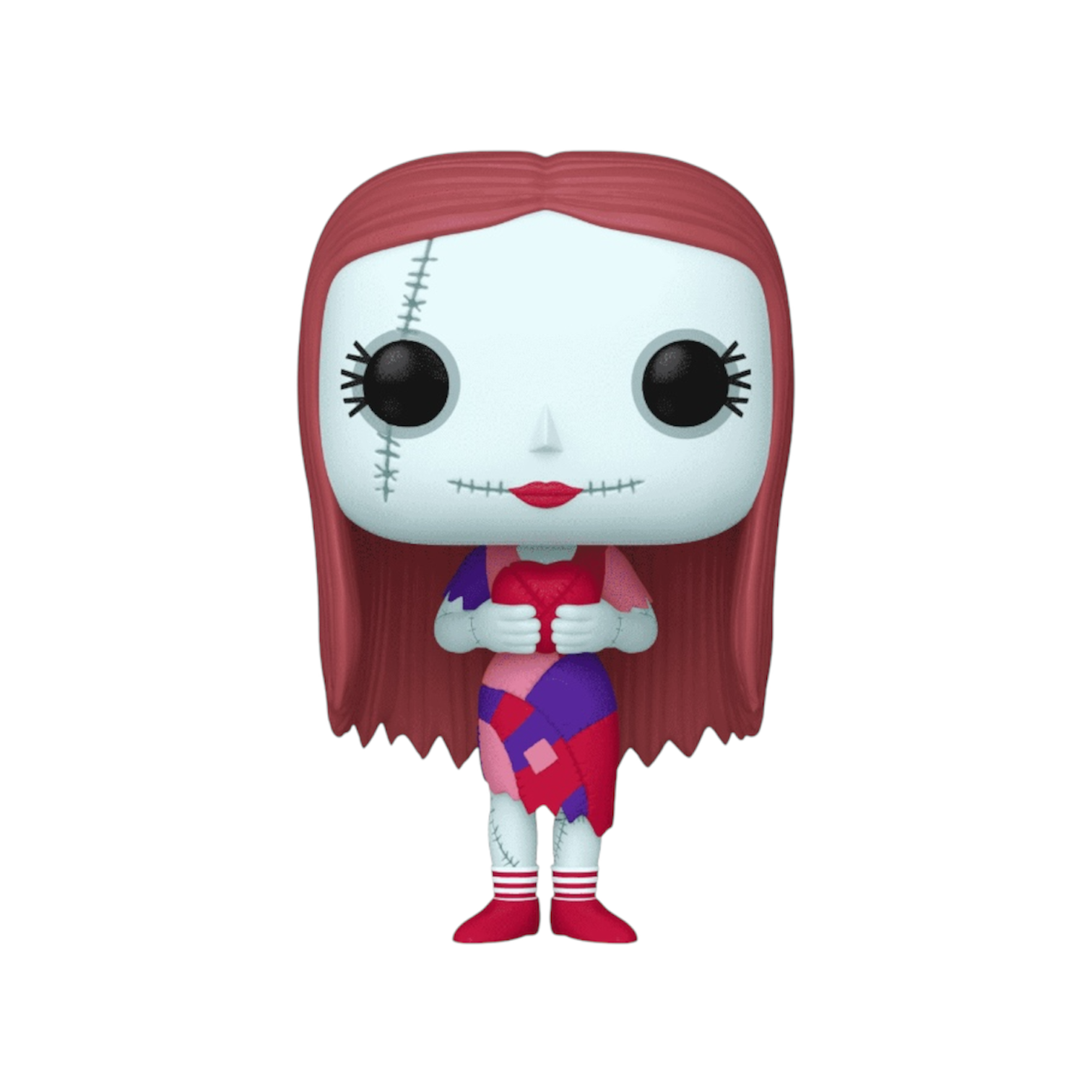 Sally from nightmare before Christmas wearing a pink red purple patchwork dress
