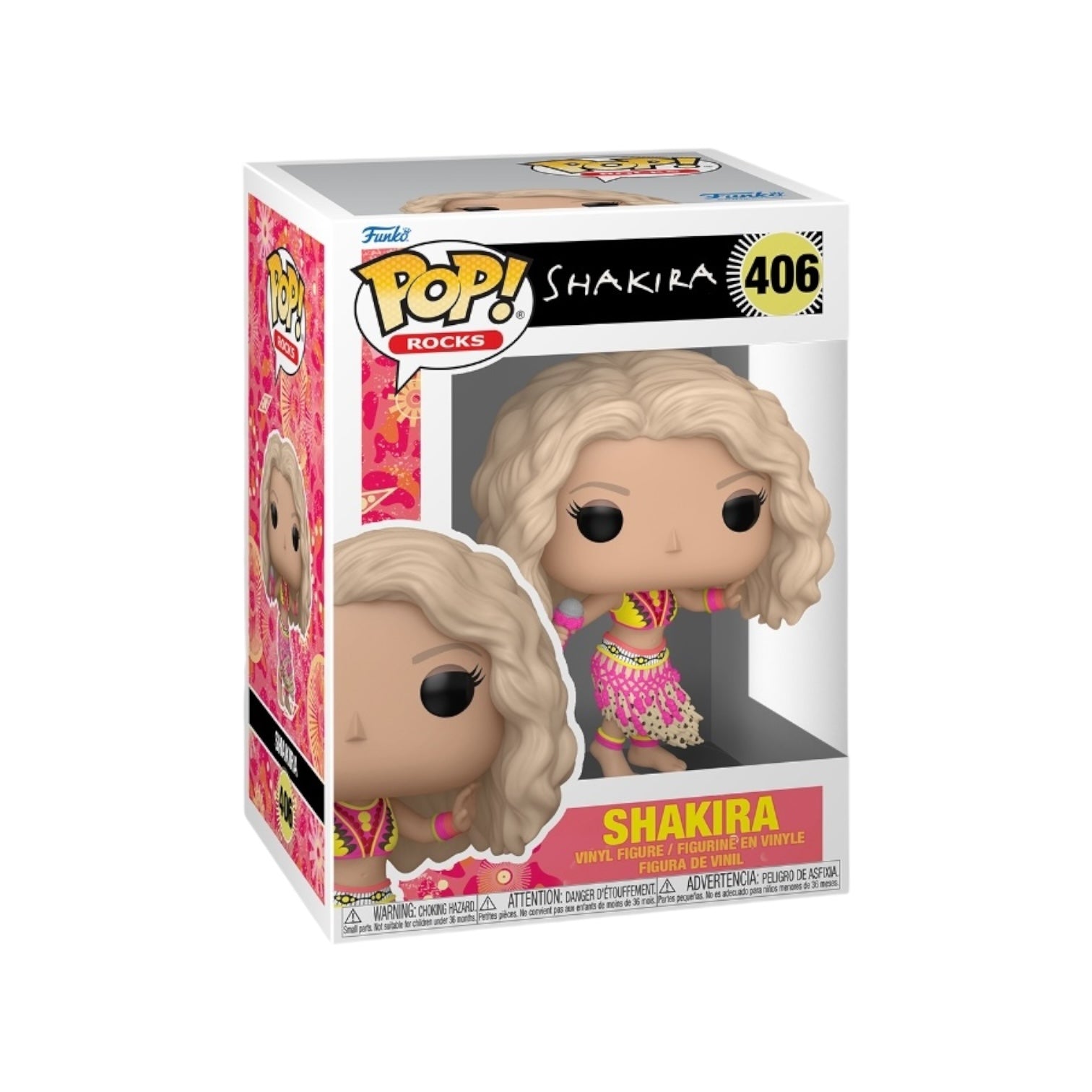 A pop vinyl figure of a blonde woman in a pink skirt, styled like Shakira in her Waka Waka outfit