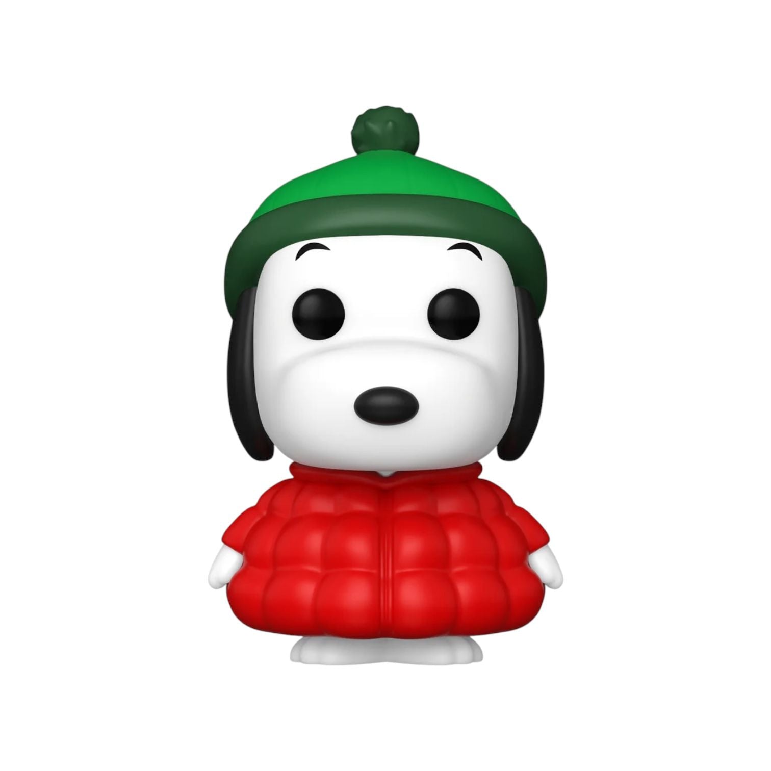 Snoopy wearing a red puffy coat and green wooly hat 