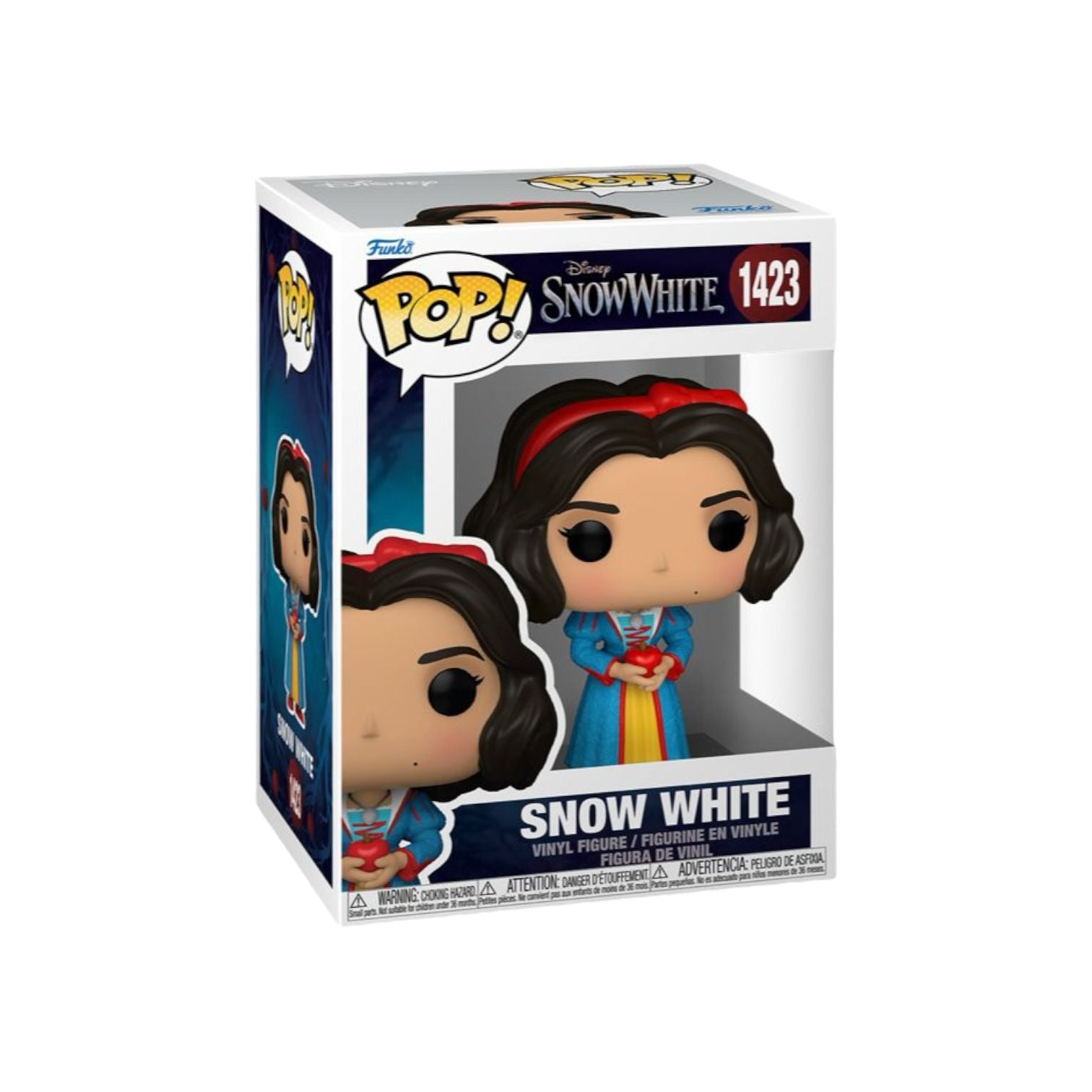 Snow white in blue red yellow dress holding a apple 