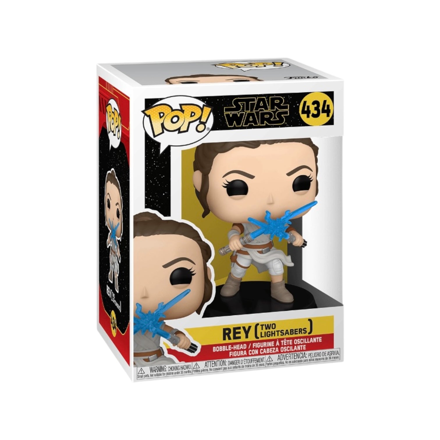 Funko Pop! figure of Rey from Star Wars: The Rise of Skywalker, featuring her with two lightsabers in hand.