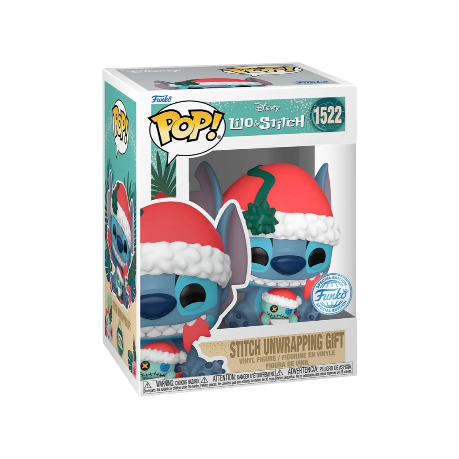 his playful expression and excitement. The Funko Pop figure captures the character's signature features, including his large ears and bright blue fur, tearing open a gift of scrump