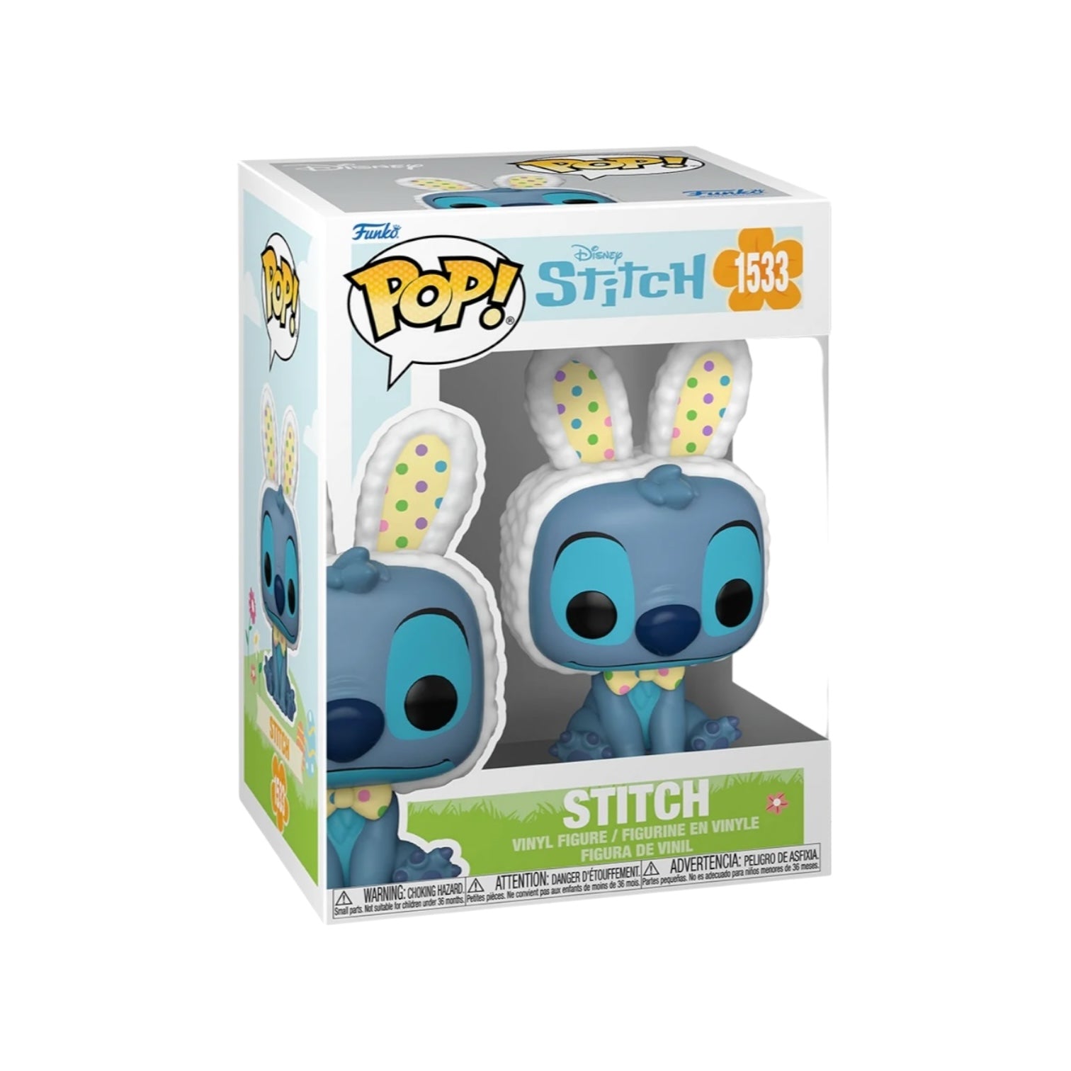 Adorable Stitch in the sitting position wearing bunny ears and bow tie.
