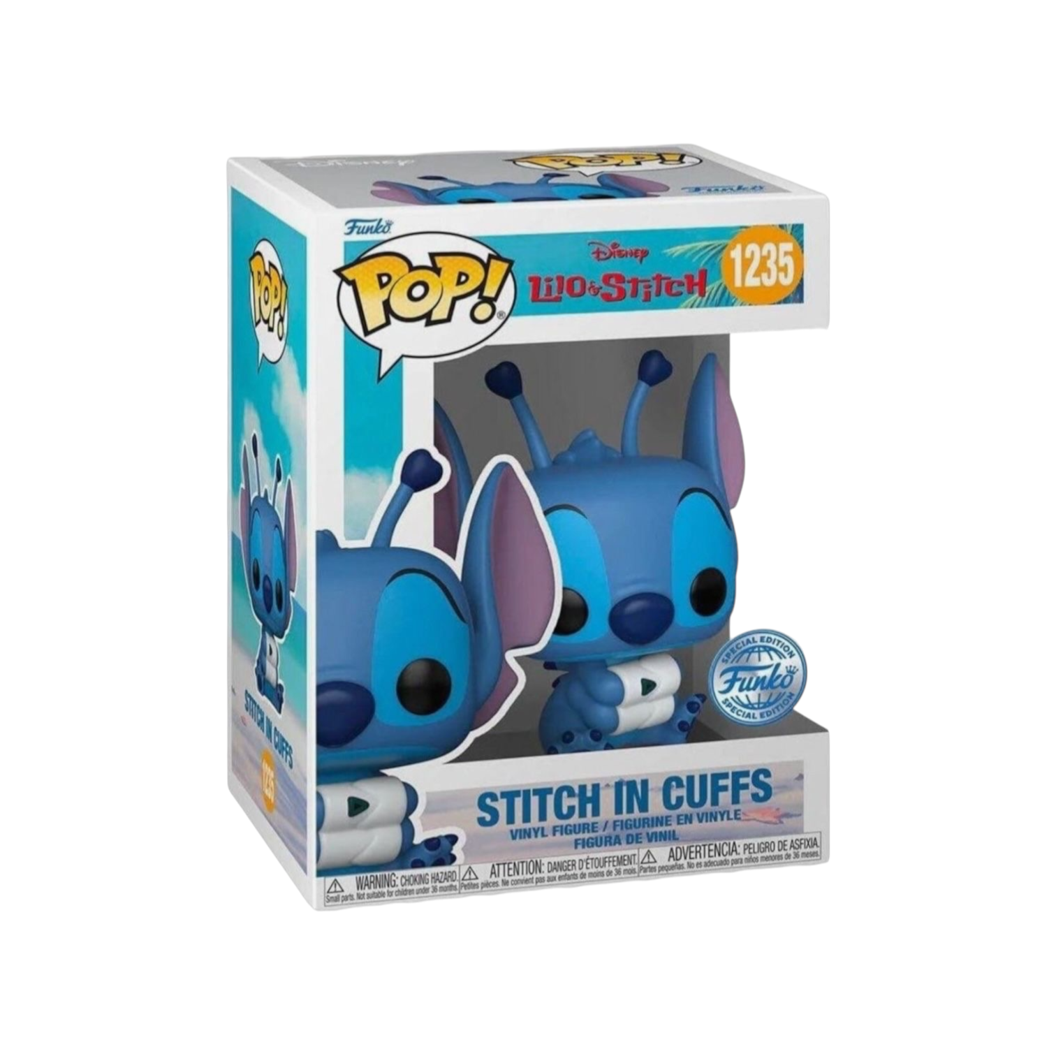 Stitch displaying his loveable blue self in electronic hand cuffs 