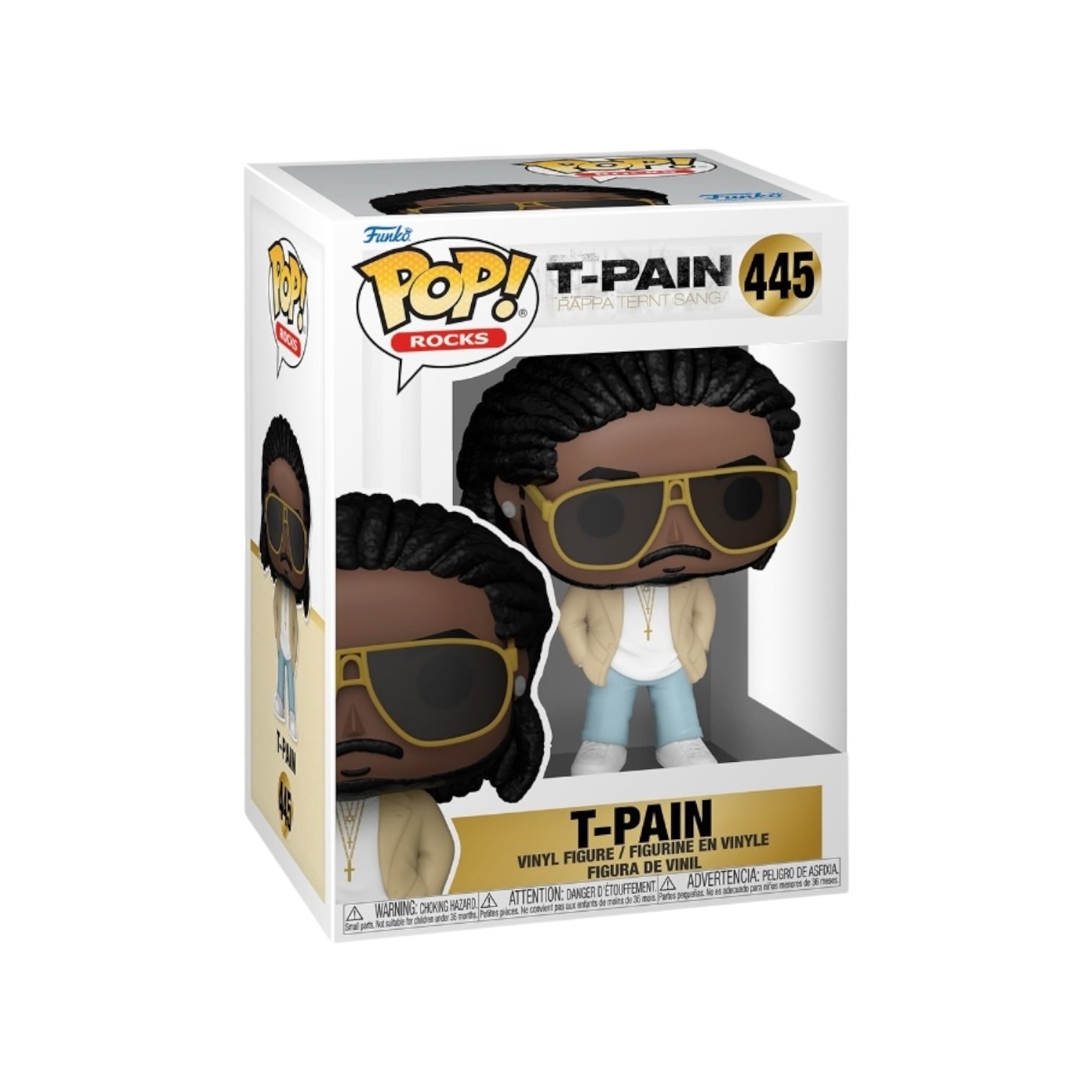 T-Pain wearing stylish light blue jeans with white trousers and top with cream jacket and gold glasses 