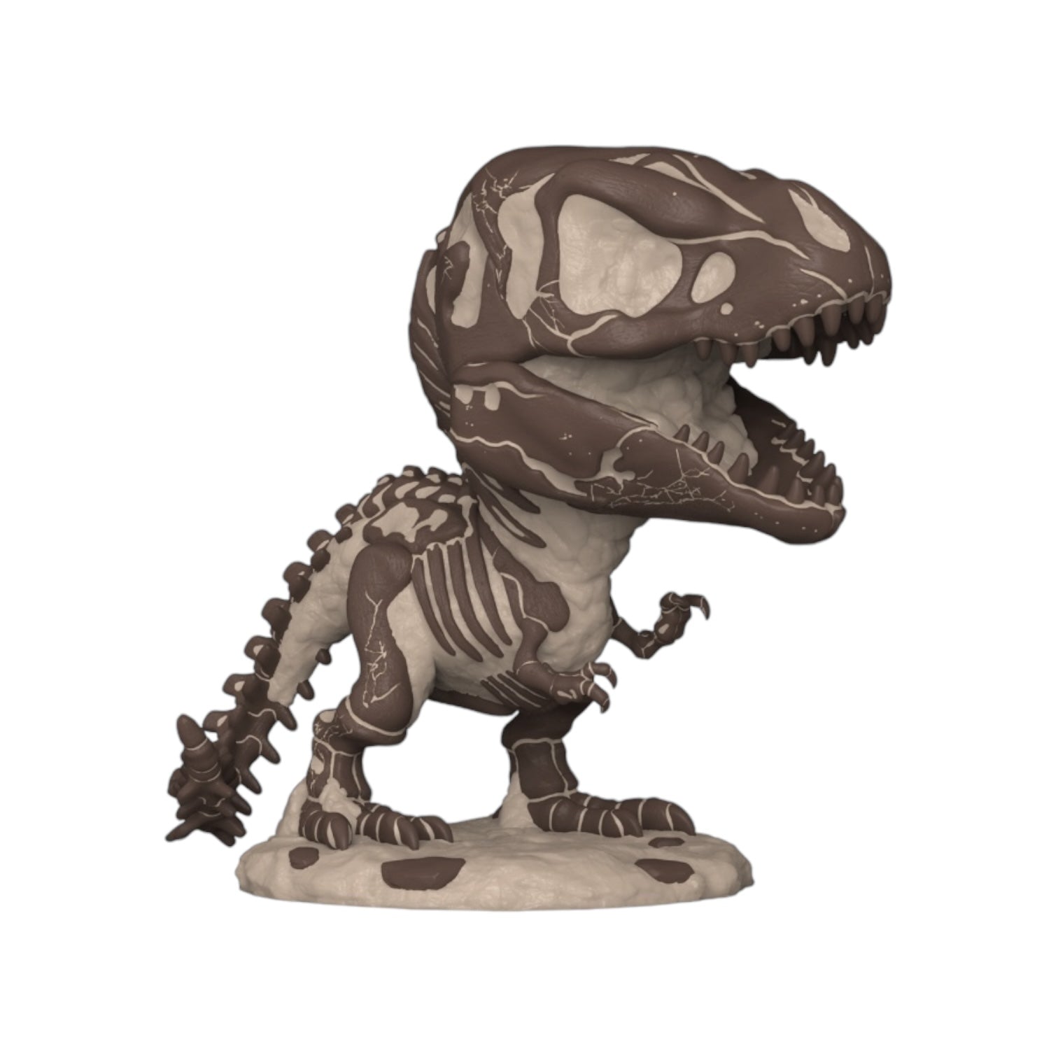 Funko Pop vinyl T-Rex skeleton in brown and grey, showcasing a playful dinosaur fossil design