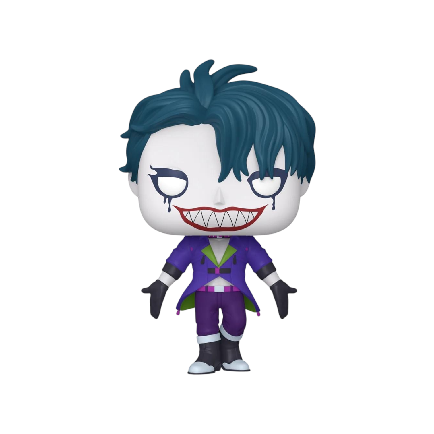 The Joker wearing a purple outfit blue hair and a wide green with bright red lips 