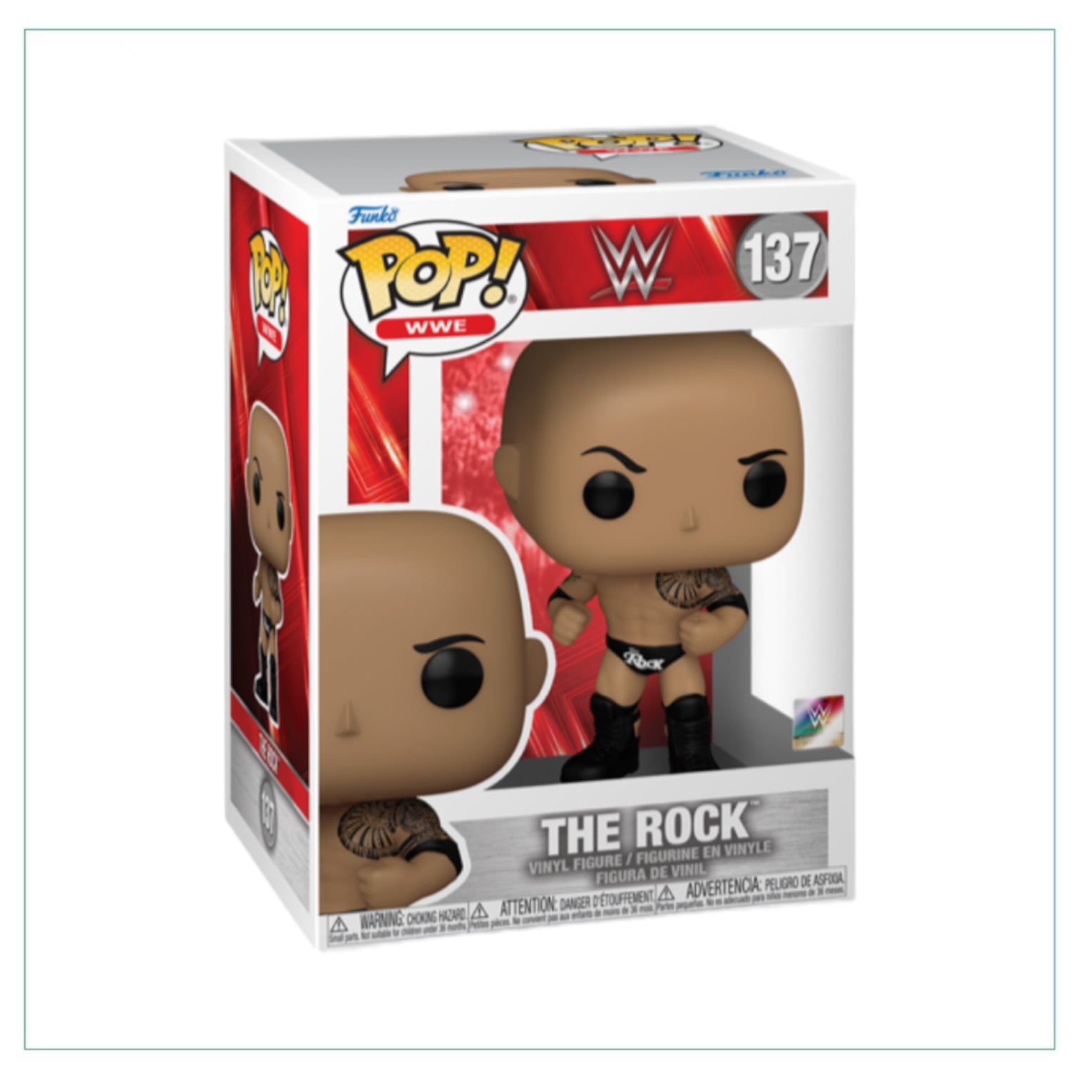 The Rock #137 Funko Pop! figure, capturing the essence of the WWE superstar with a fun and collectible design.