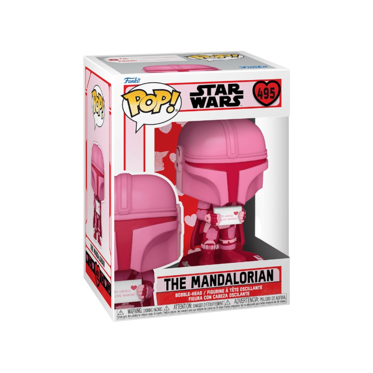 The Valentines Mandalorian funko Pop all pink red and white in colour 
