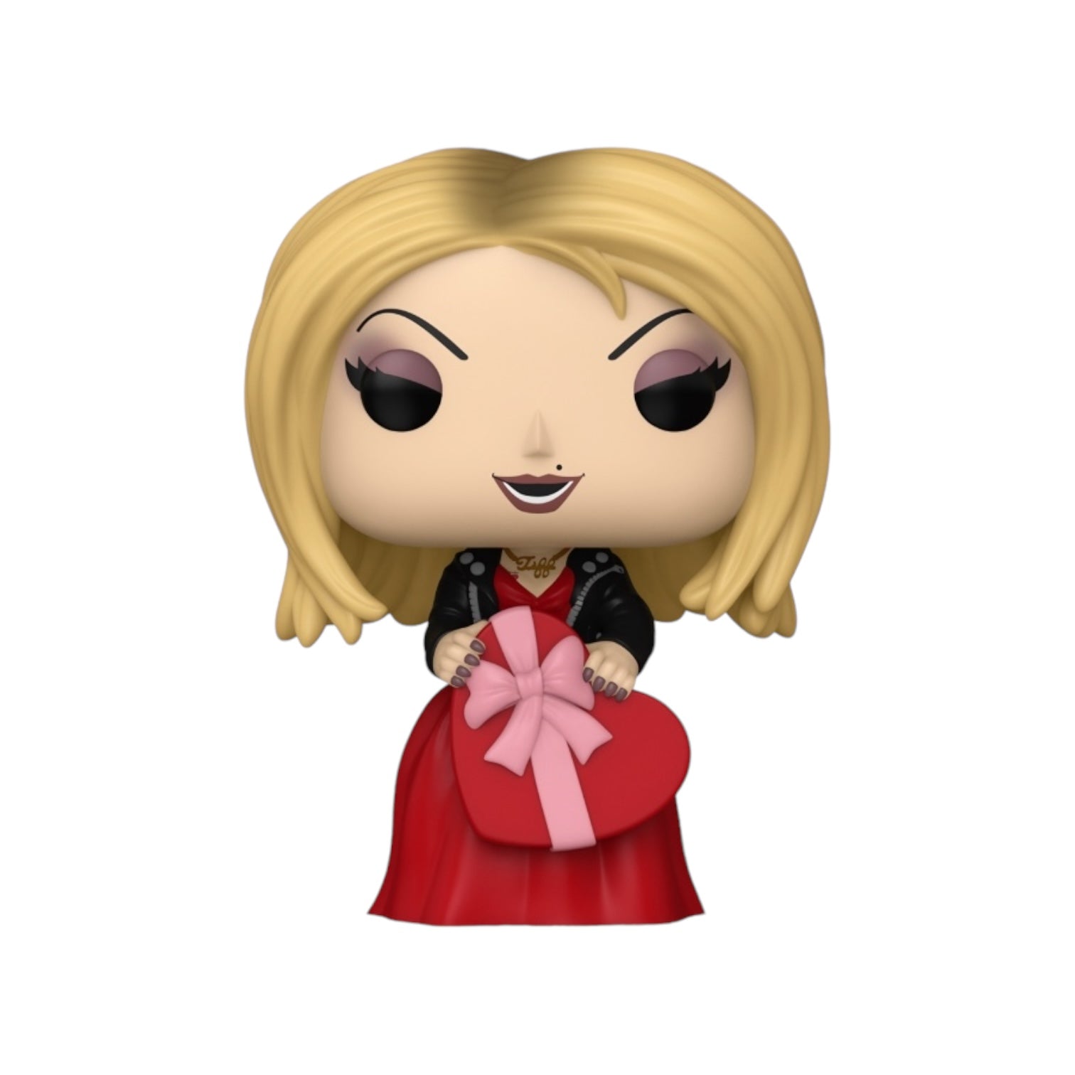 Tiffany wearing a red dress with a black leather jacket holding a red love hearted shape chocolate box with a pink bow, displayed out of packaging 
