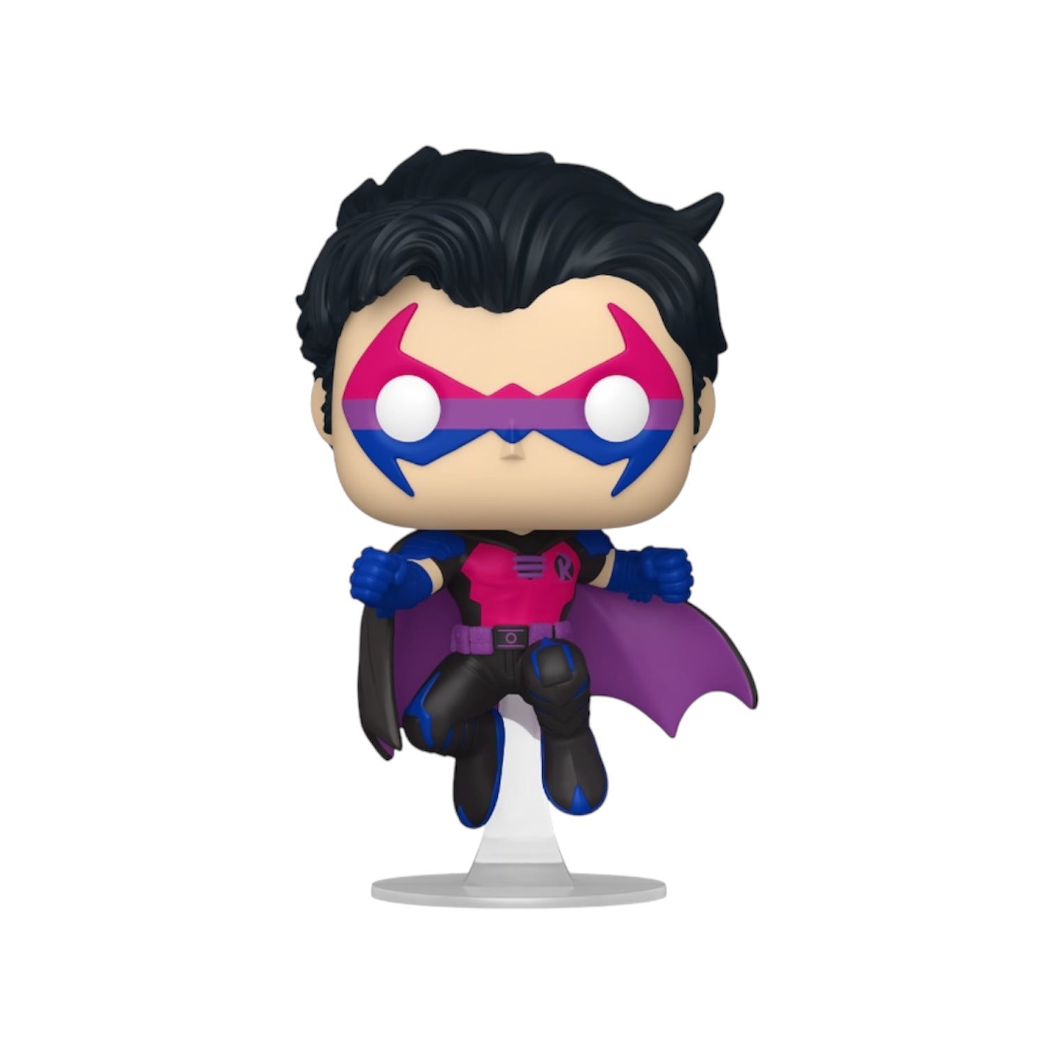 Tim Drake in a black, pink, blue and purple  outfit 