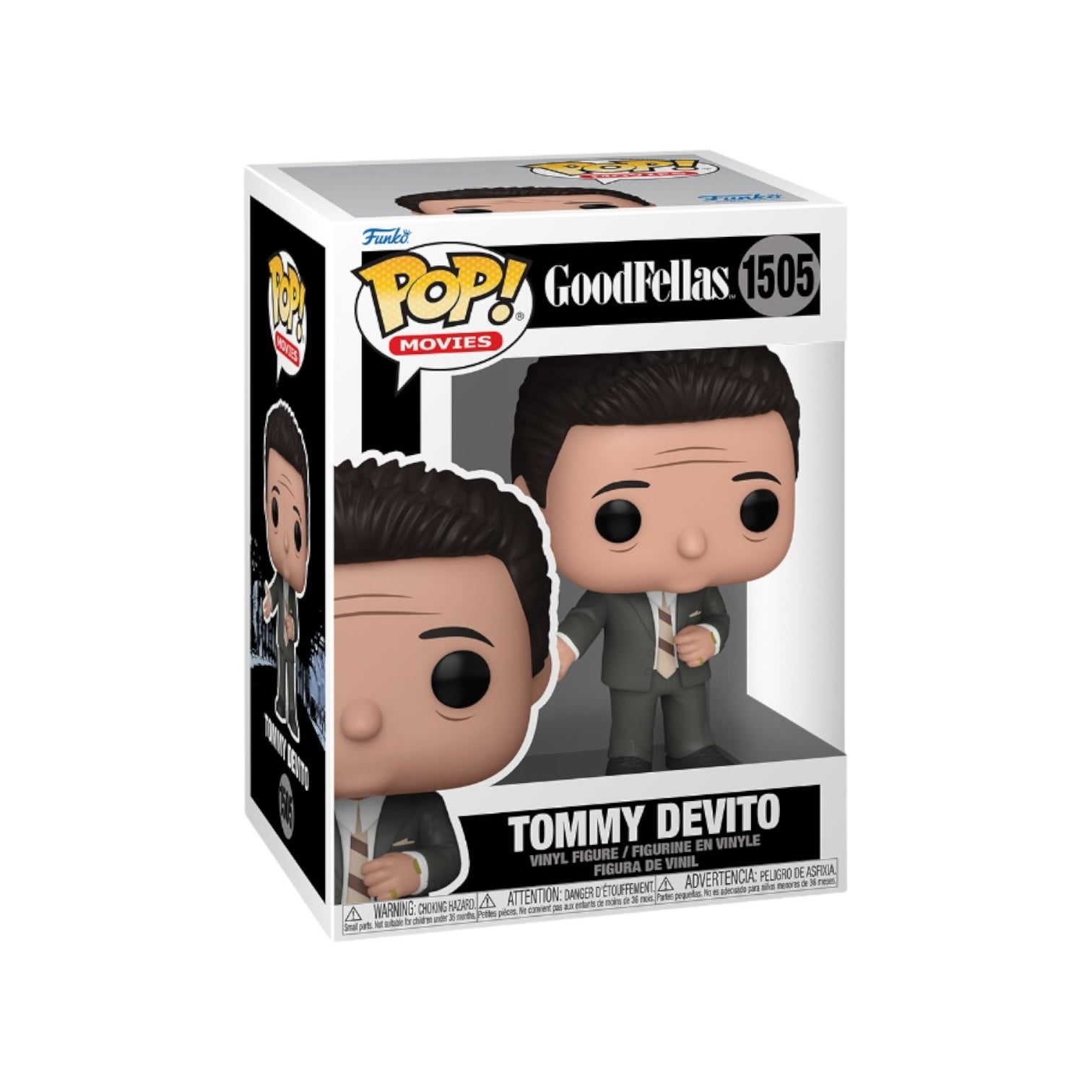 Funko Pop! figure of Tommy Devito from Goodfellas, showcasing his iconic look with a playful expression and detailed outfit.