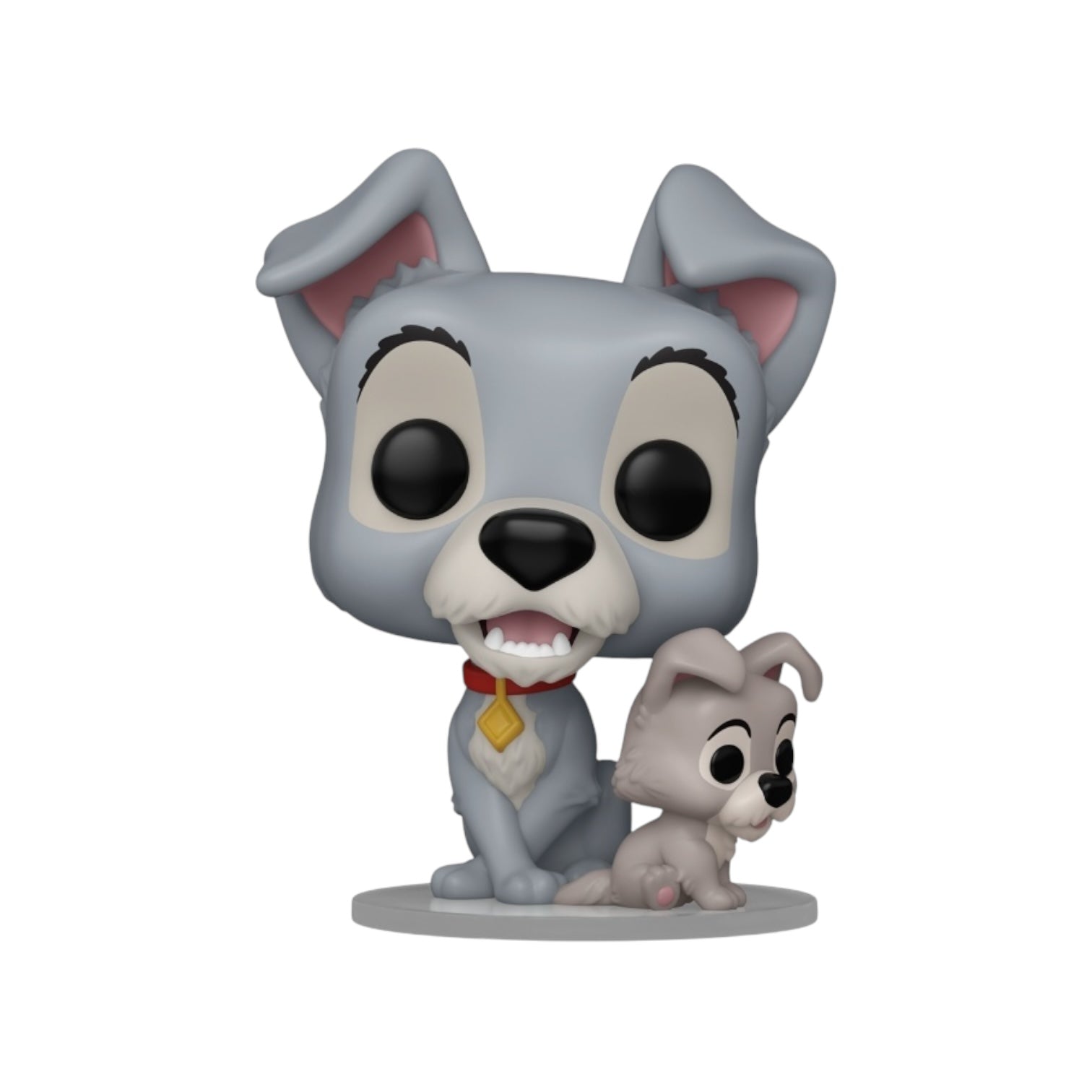 Disney Classic Tramp the Dog with his puppy that looks just like him a grey dog with a red collar with gold tag 