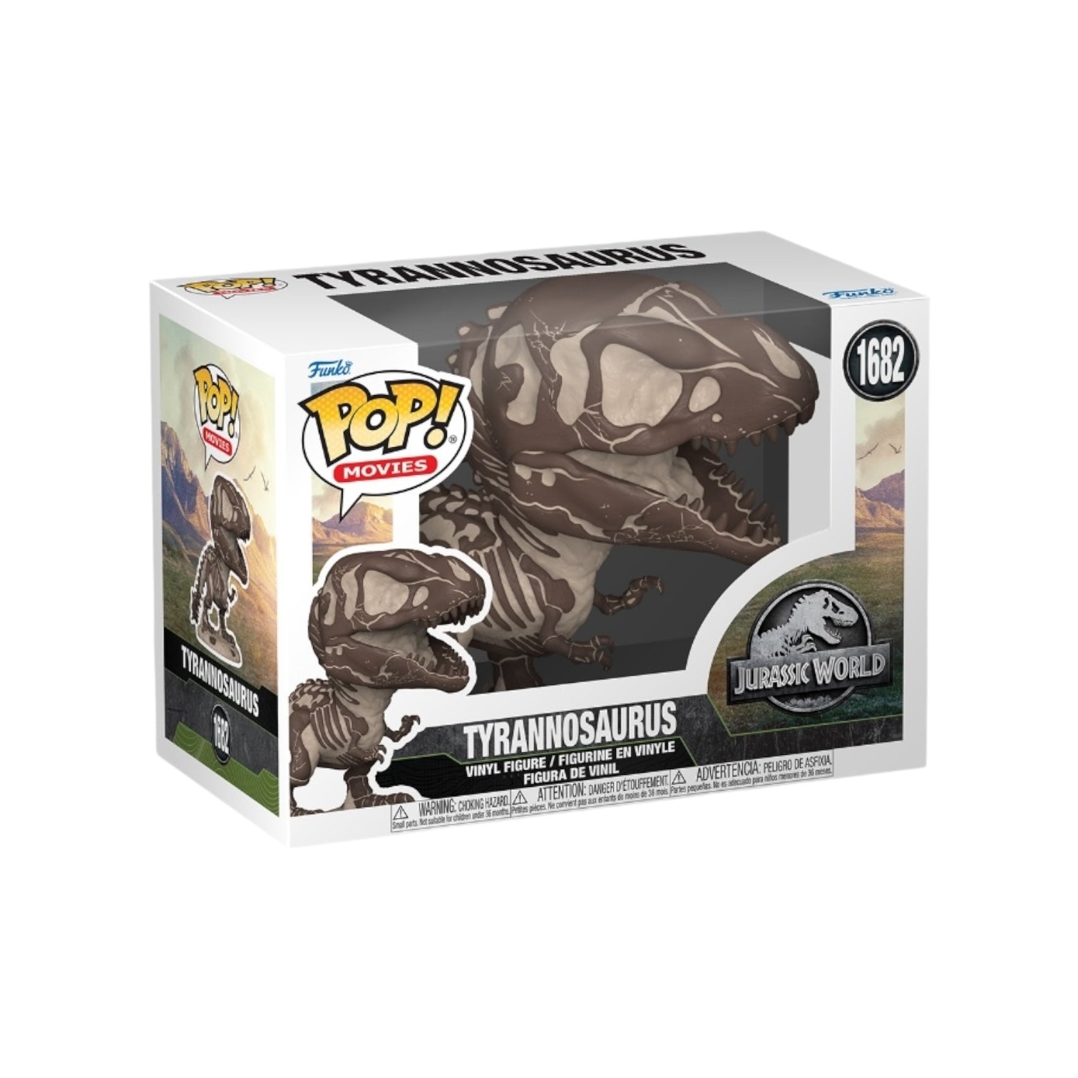 Funko Pop vinyl T-Rex skeleton in brown and grey, showcasing a playful dinosaur fossil design